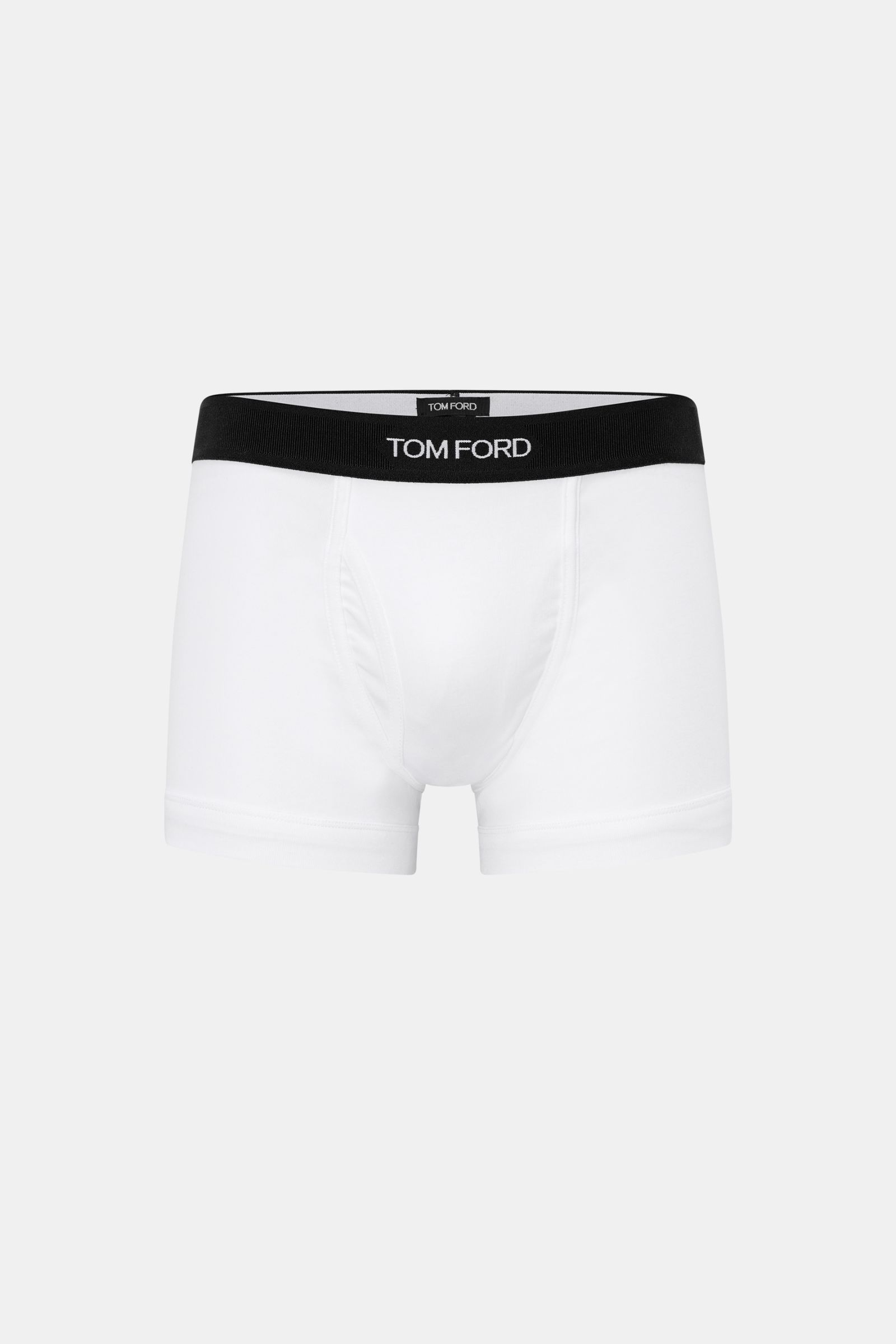 Front view of Tom Ford Boxer shorts white in smooth, high-quality elasticated cotton with soft feel, slim fit, keyhole fly, and black waistband with TOM FORD stitching.