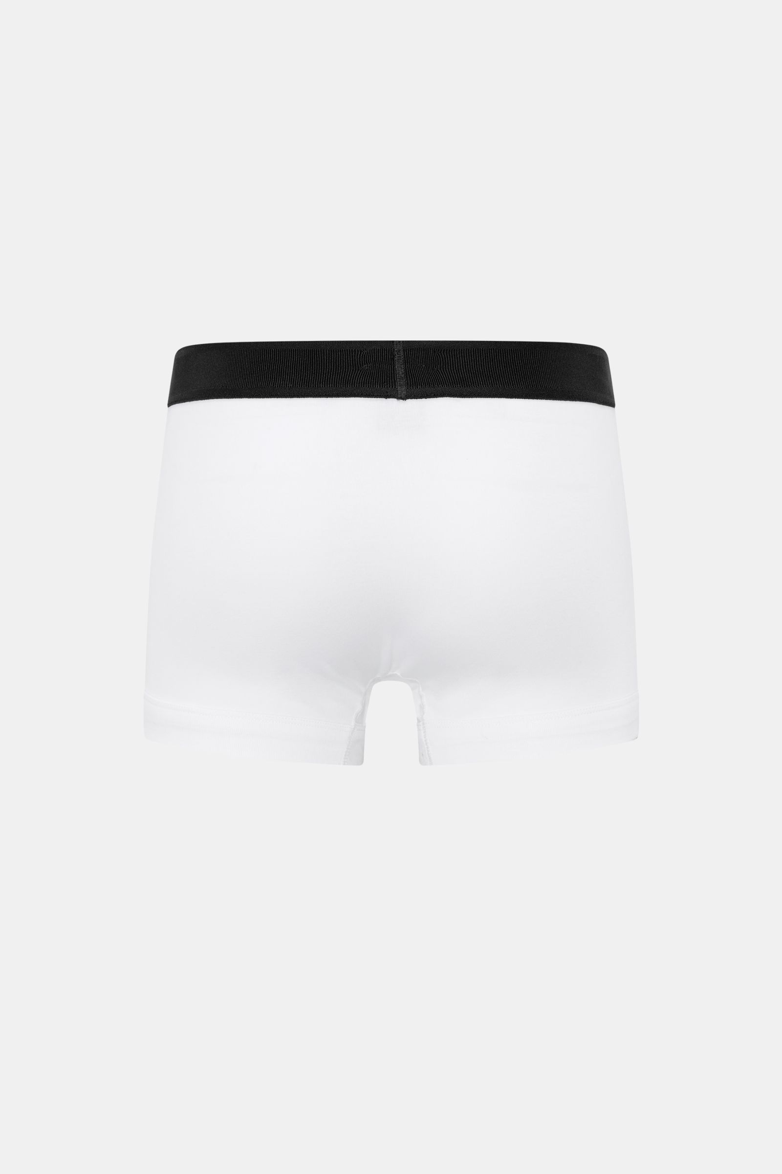 Rear view of Tom Ford Boxer shorts white in smooth, high-quality elasticated cotton with a slim fit, soft feel, keyhole fly, and black waistband featuring TOM FORD stitching. Sporty, simple, and luxurious.
