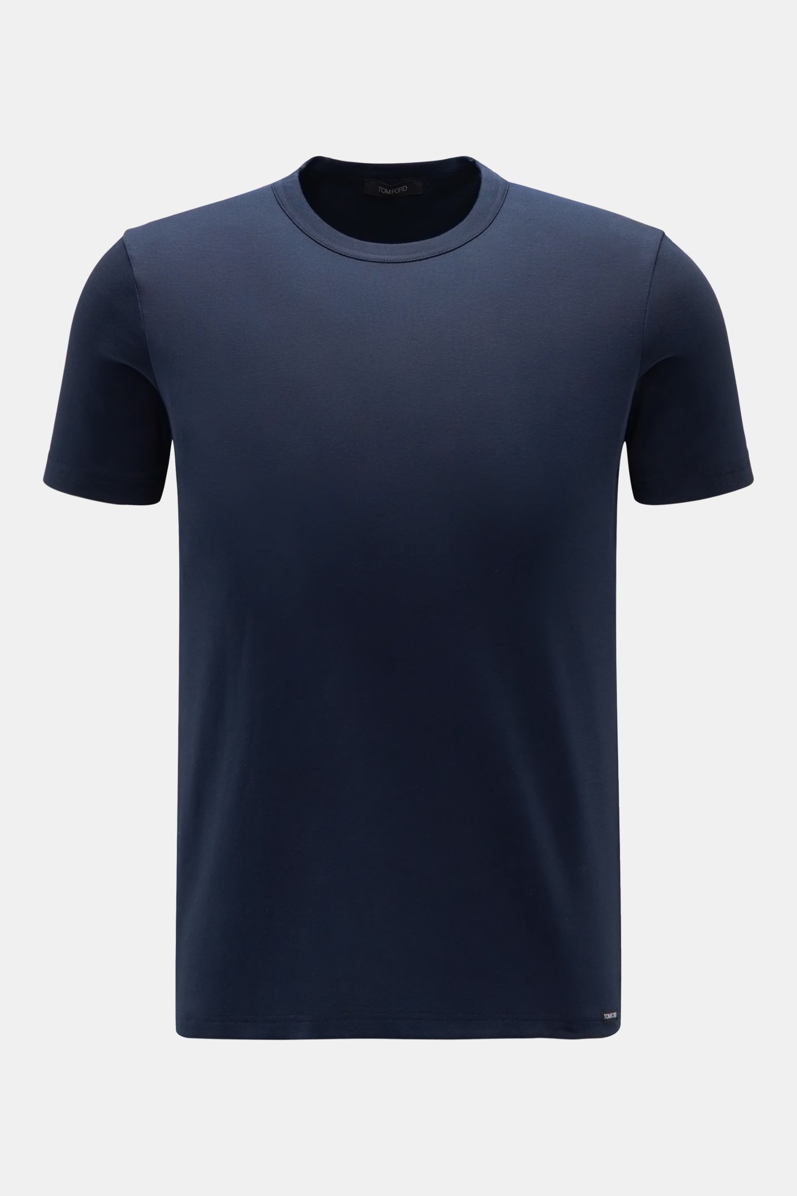 Tom Ford Rundhals-Unterhemd navy, frontal fotografiert, Jersey aus Baumwolle, komfortabler Stretch, weicher Griff, Extra Slim Fit, Rundhalsausschnitt, Label-Patch am Saum.