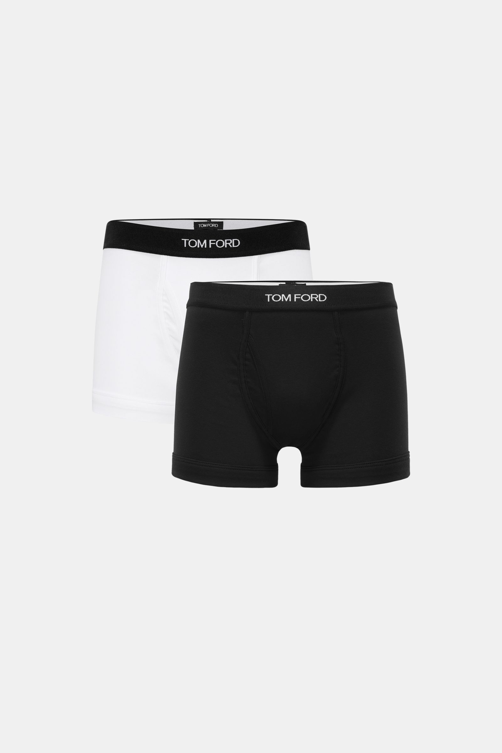 Tom Ford Boxershorts 2er-Set schwarz/weiß, sportlich, slim fit aus elastischer Baumwolle, weicher Griff, elastischer Bund mit TOM FORD-Stitching, seitlicher Eingriff, frontal fotografiert.