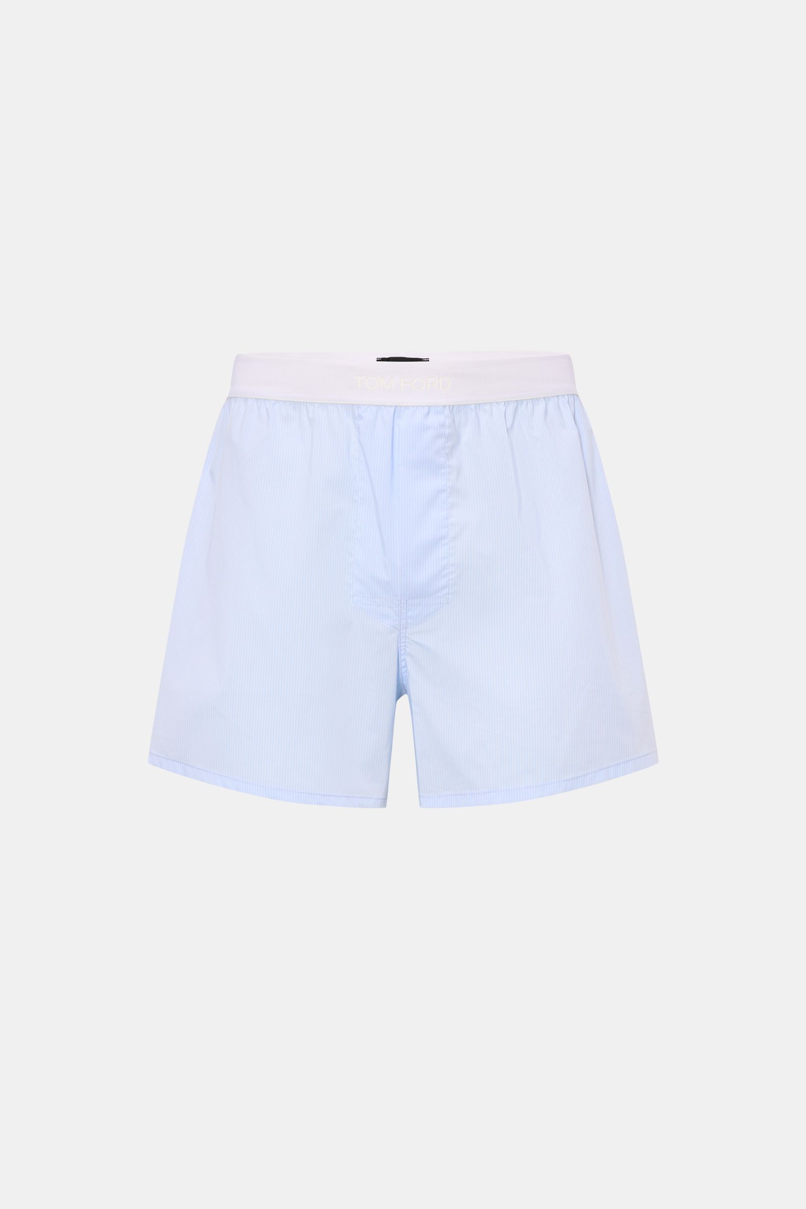 Front view of Tom Ford Boxer shorts light blue/white striped, sporty and slim fit with elasticated waistband and keyhole fly.

Description: Sporty, clean and luxurious: These boxer shorts have a fine striped pattern and are made of comfortably lightweight