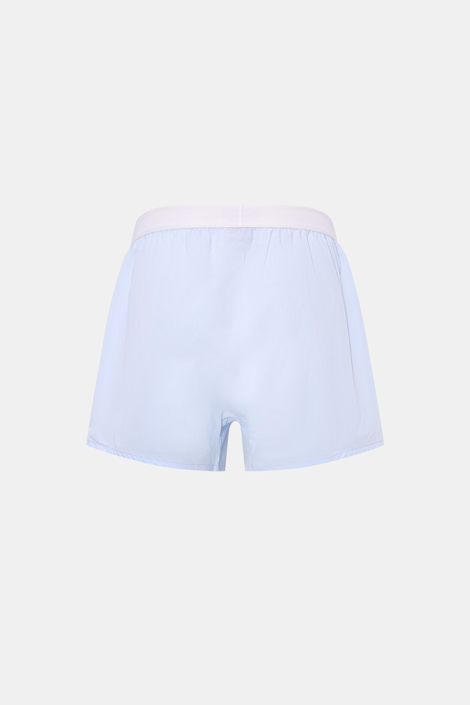 Back view of Tom Ford Boxer shorts light blue/white striped with elasticated waistband, fine stripes, and slim fit design.

Description: Sporty, clean and luxurious: These boxer shorts have a fine striped pattern and are made of comfortably lightweight