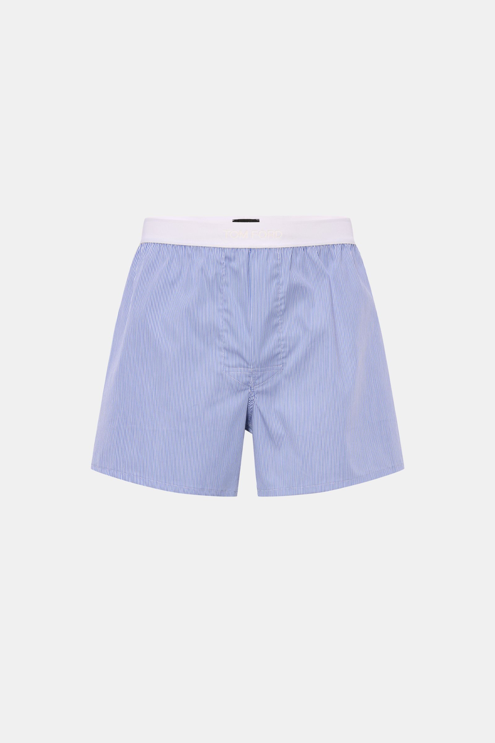 Front view of Tom Ford Boxer shorts dark blue/white striped, sporty and luxurious with fine stripes, slim fit, elastic waistband, and keyhole fly. Sporty, clean and luxurious: These boxer shorts have a fine striped pattern and are made of comfortably ligh