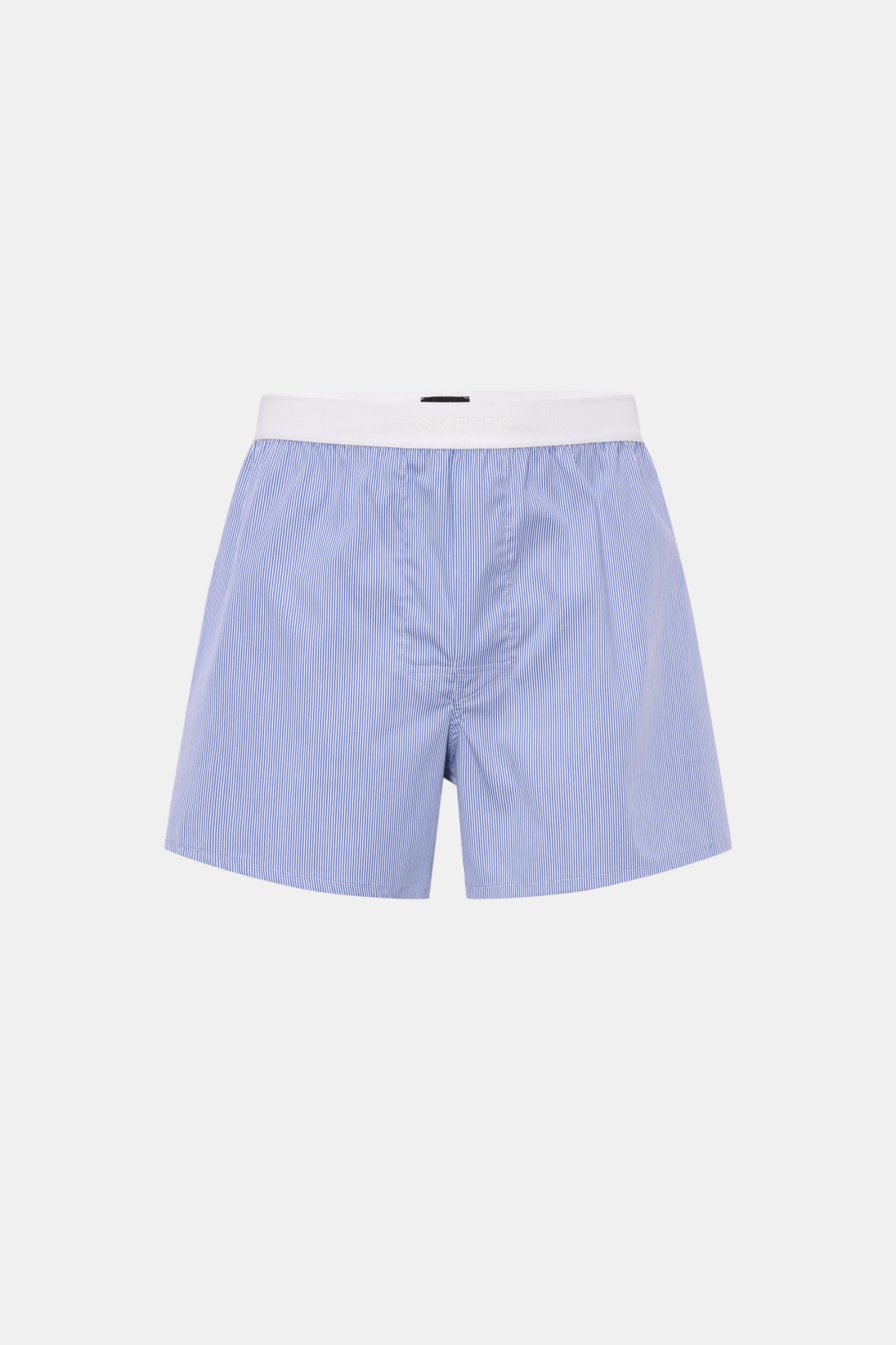 Front view of Tom Ford Boxershorts dunkelblau/weiß gestreift in slim fit, featuring a fine striped pattern, elastic white waistband with TOM FORD logo, made of soft cotton and microfiber blend with smooth texture and side fly, sporty, clean, and luxurious