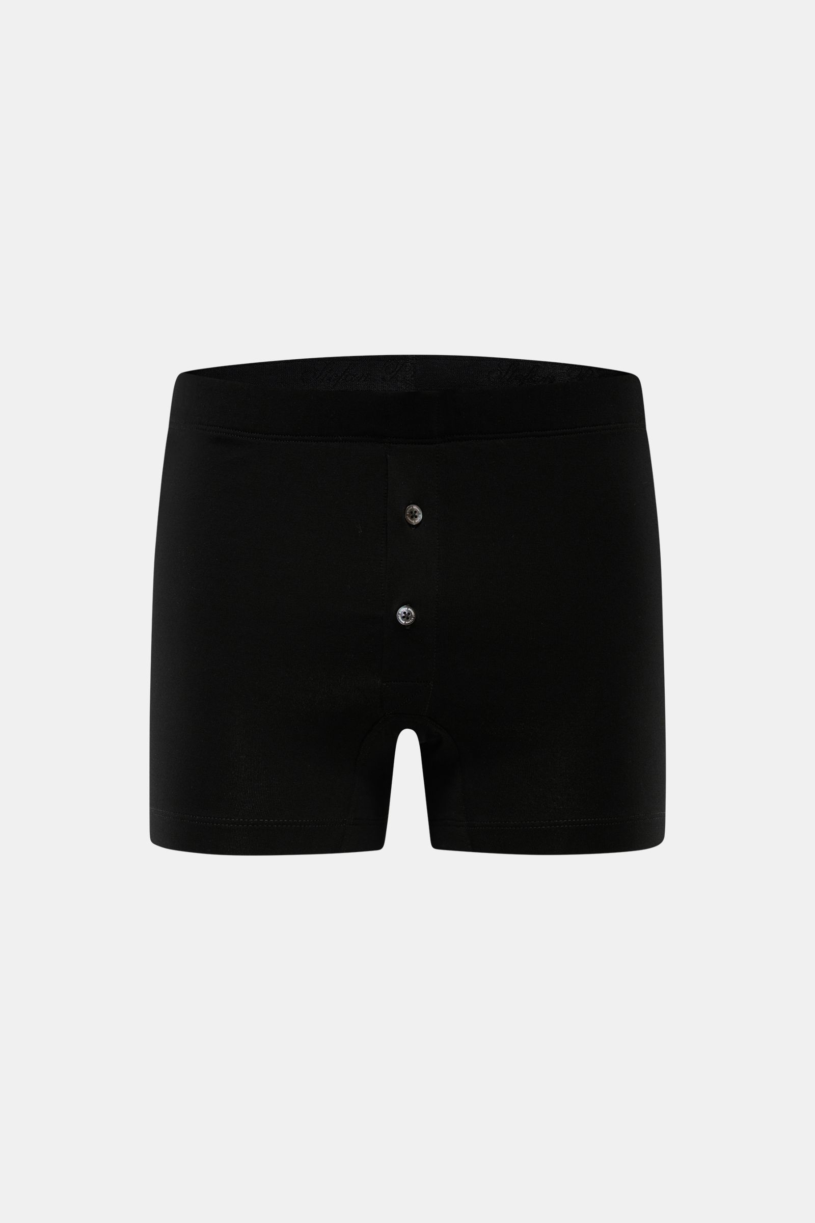 Stefan Brandt Boxershorts 'Bari' schwarz, Frontansicht, Slim Fit, elastischer Bund, seitlicher Knopf-Eingriff, weiche Baumwolle, Jersey, sehr angenehm.
