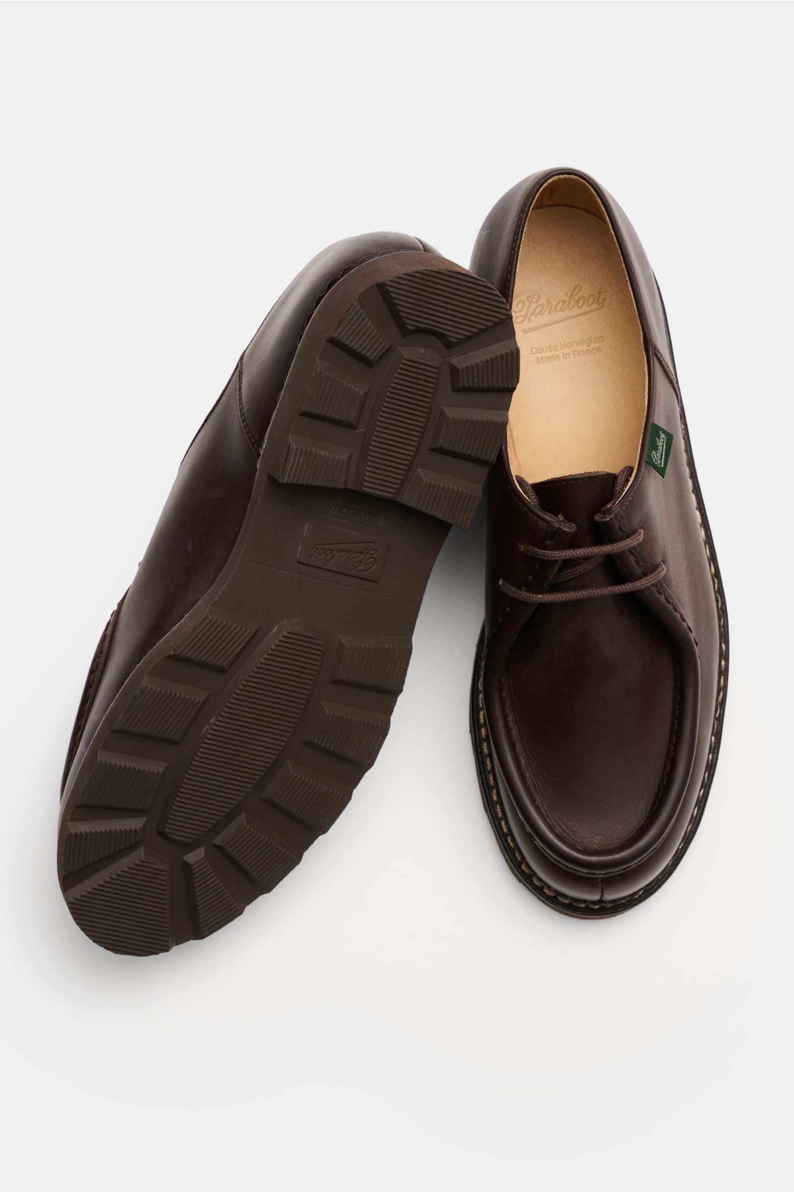 Top view of Paraboot Schnürer 'Michael' schwarz shoes showing leather upper, two-hole lacing, Norwegian welt stitching, rubber sole, and leather lining.