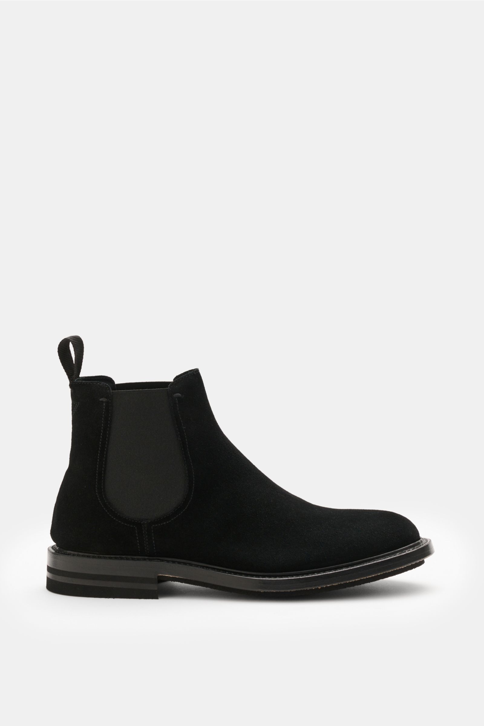 Fabi Chelsea Boot schwarz aus feinem Veloursleder, seitlich mit Elastikeinsätzen, schmal zulaufend, seitliche Ansicht, Flex-Goodyear-Sohle.