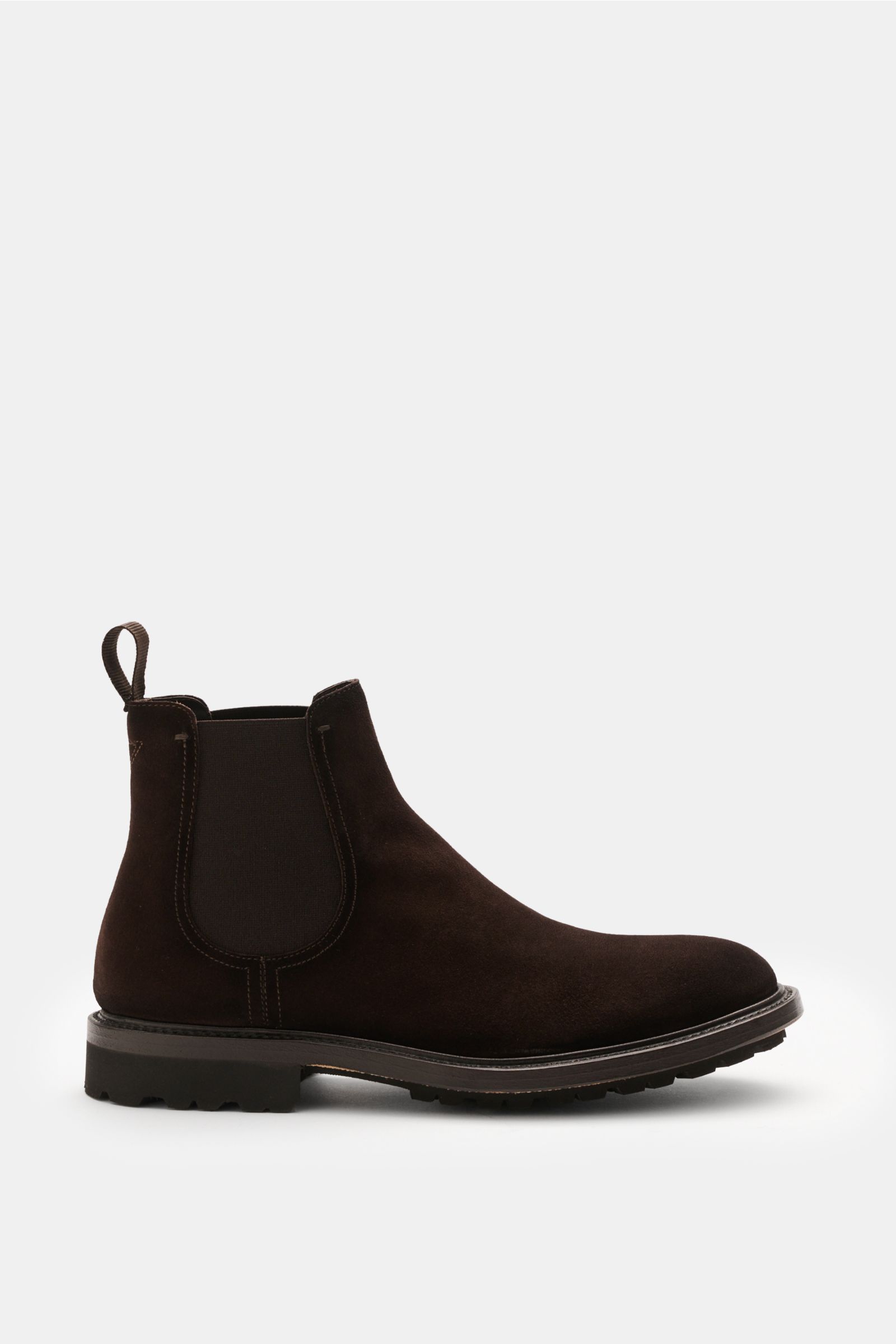 Side view of the Fabi Chelsea Boot braun in smooth brown velour leather with elastic side inserts, pull loop, and branded leather sole with EVA.
