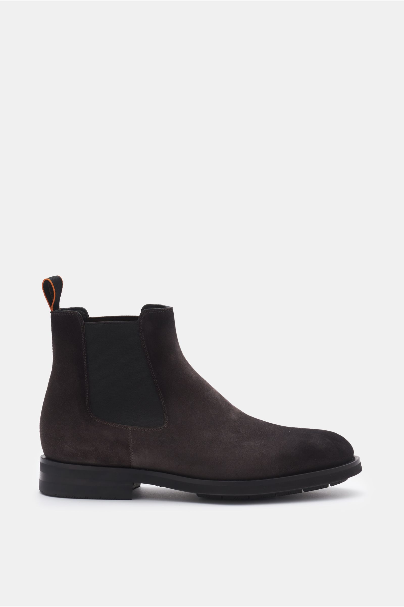 Santoni Chelsea Boot 'Colin' graubraun seitlich fotografiert, Veloursleder, elastische Einsätze, rahmengenäht, Anziehschlaufe, Kautschuksohle.