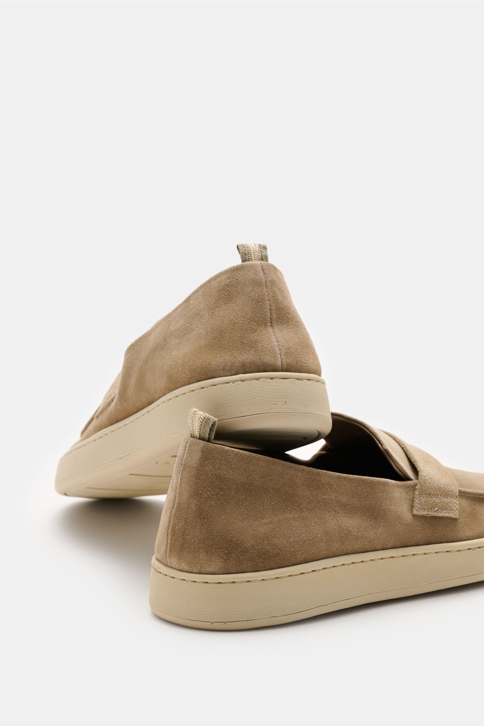 Rear and side view of Officine Creative Loafer 'Herbie' beige in soft suede with natural rubber sole, narrow shape, strap, and pull loop.