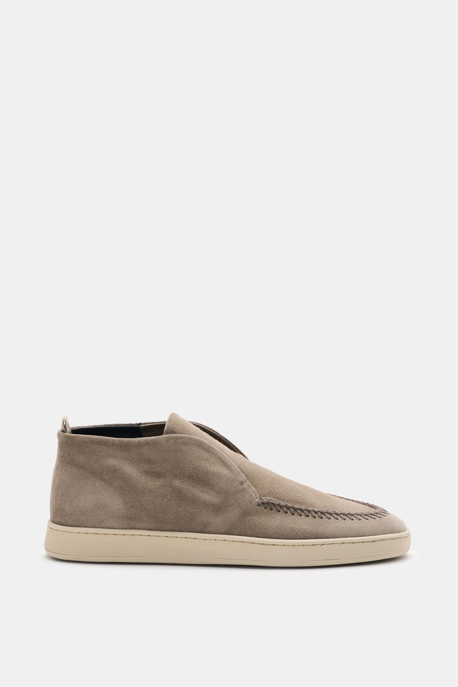 Officine Creative Loafer 'Herbie' taupe shown from the side, high-top design in smooth taupe velour leather with decorative stitching, Grosgrain pull tab, leather lining, and flexible rubber sole for secure comfort and style.