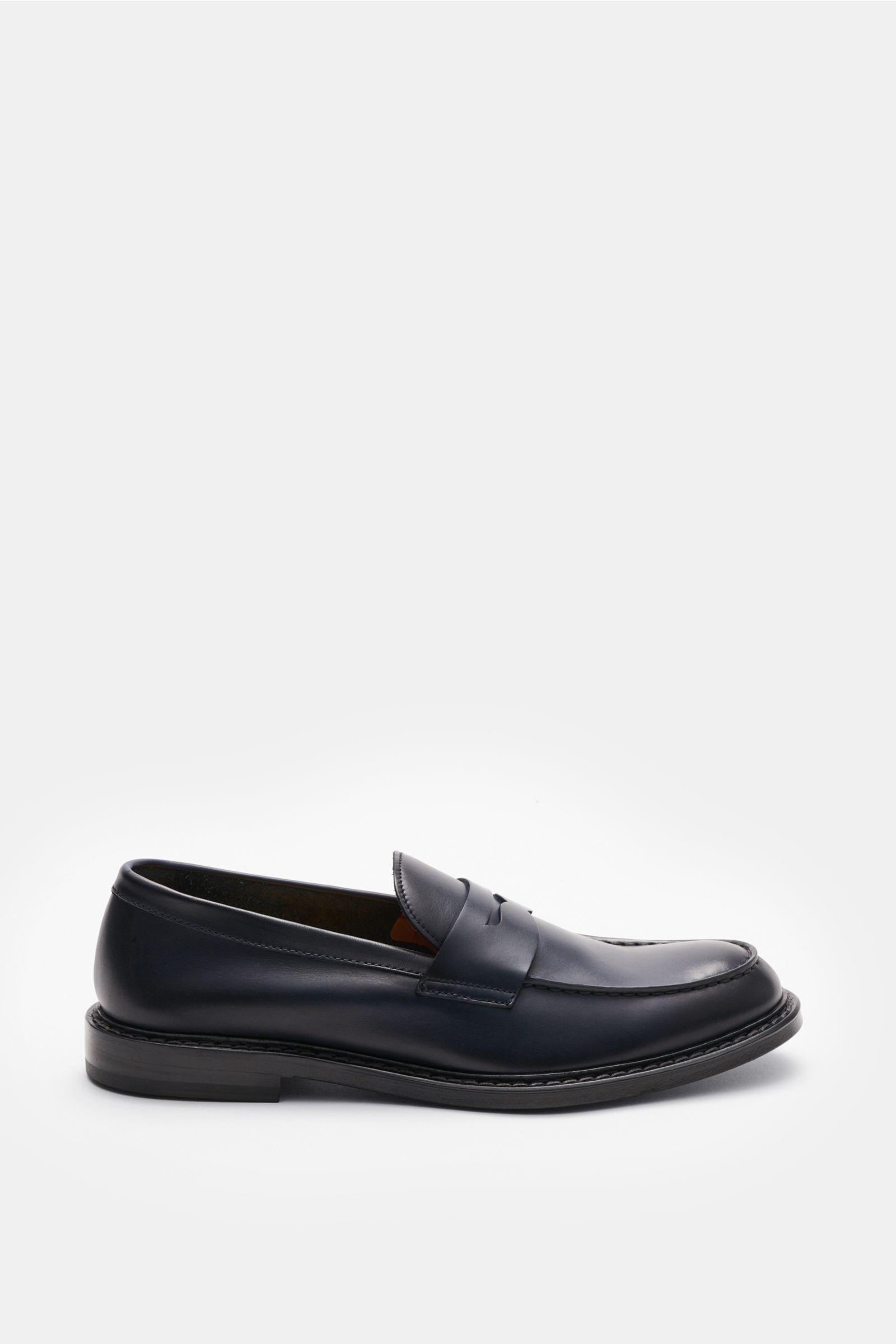 Side view of Doucal's Penny Loafer 'Nappato' dark navy in fine smooth leather with slight color gradient, narrow shape, stitched toe cap, penny strap, leather lining, welted construction, and leather sole, ideal for office wear.