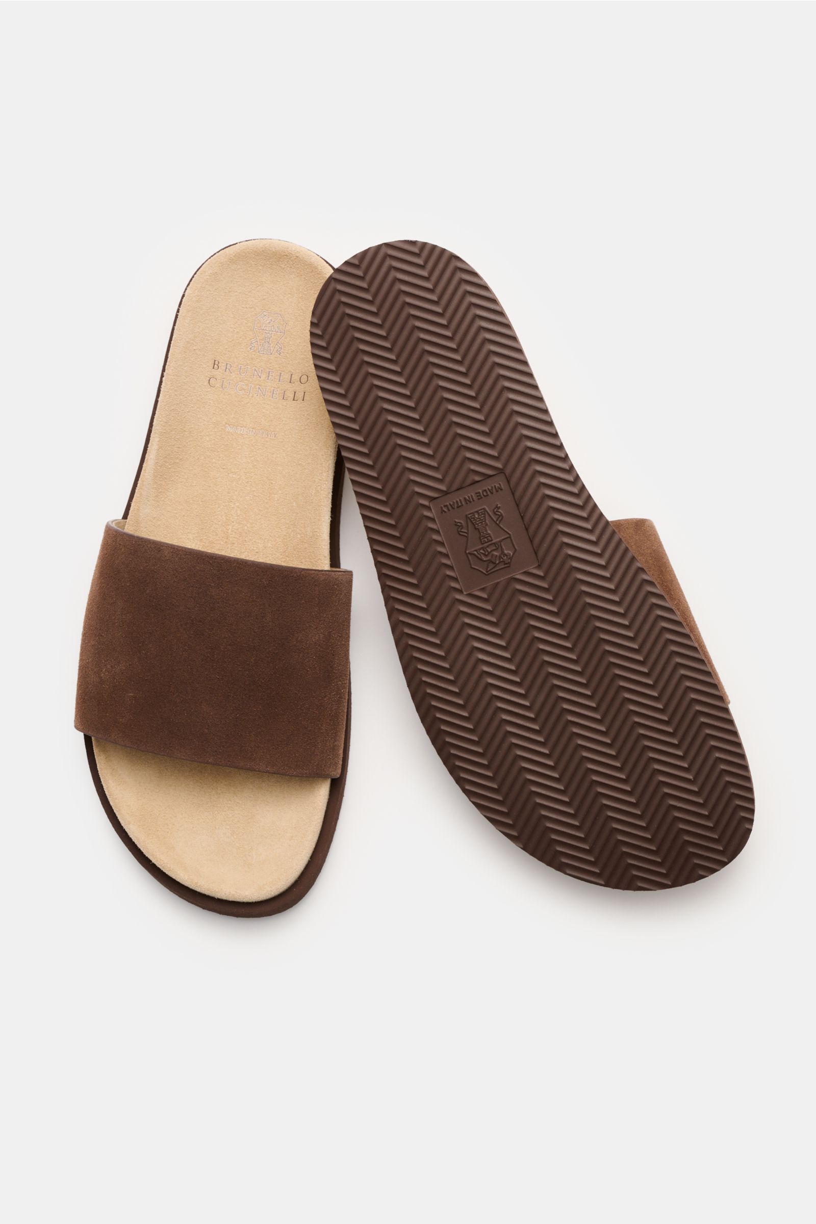 Brunello Cucinelli Pantolette braun/beige, handgefertigt, edles Veloursleder, offene Kappe, rutschfeste Gummisohle mit Fußbett, Draufsicht