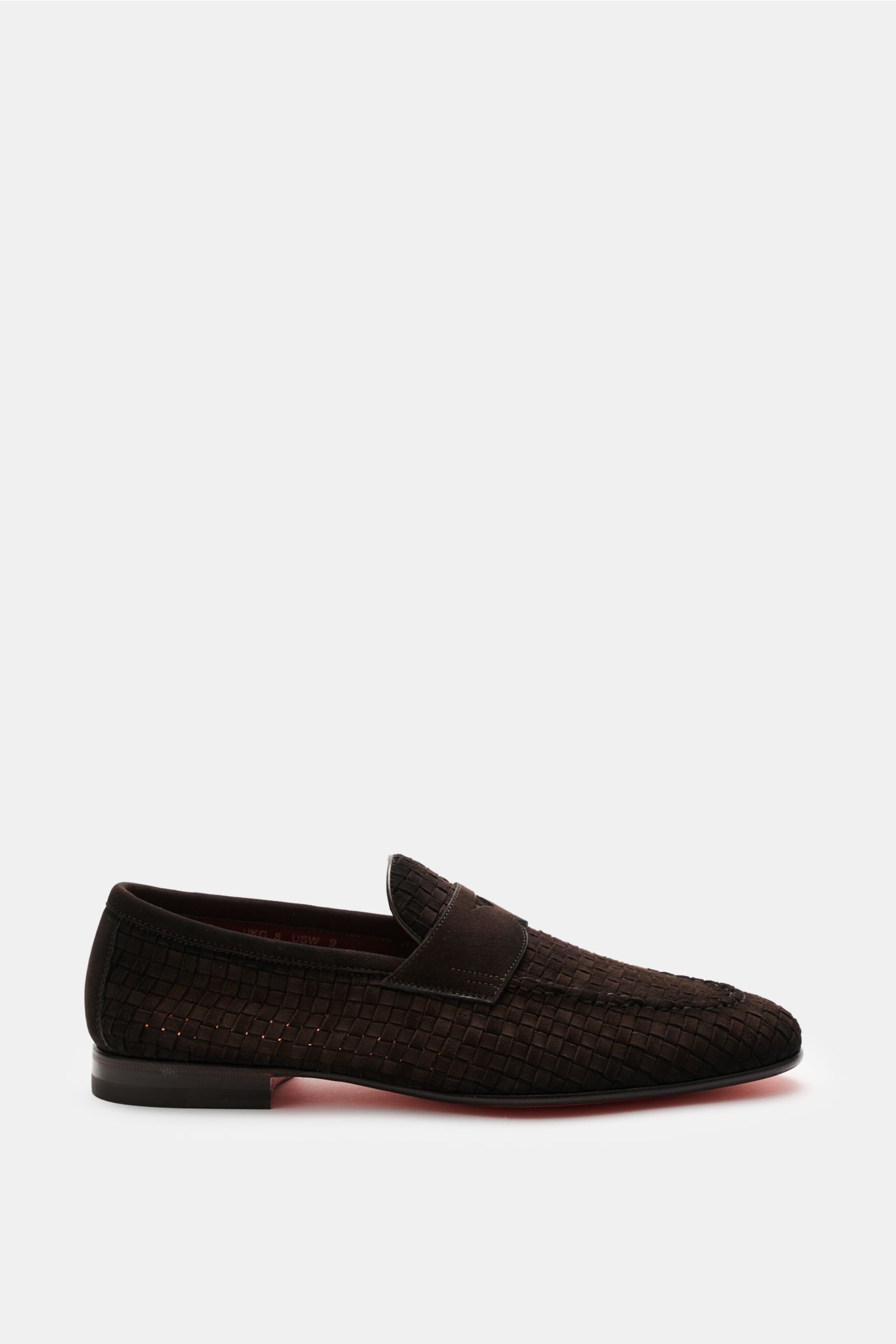 Santoni Penny Loafer 'Carlo' dunkelbraun seitlich fotografiert, geflochtenes Veloursleder, schmale Silhouette, Penny-Strap, Ledersohle, Innenfutter.