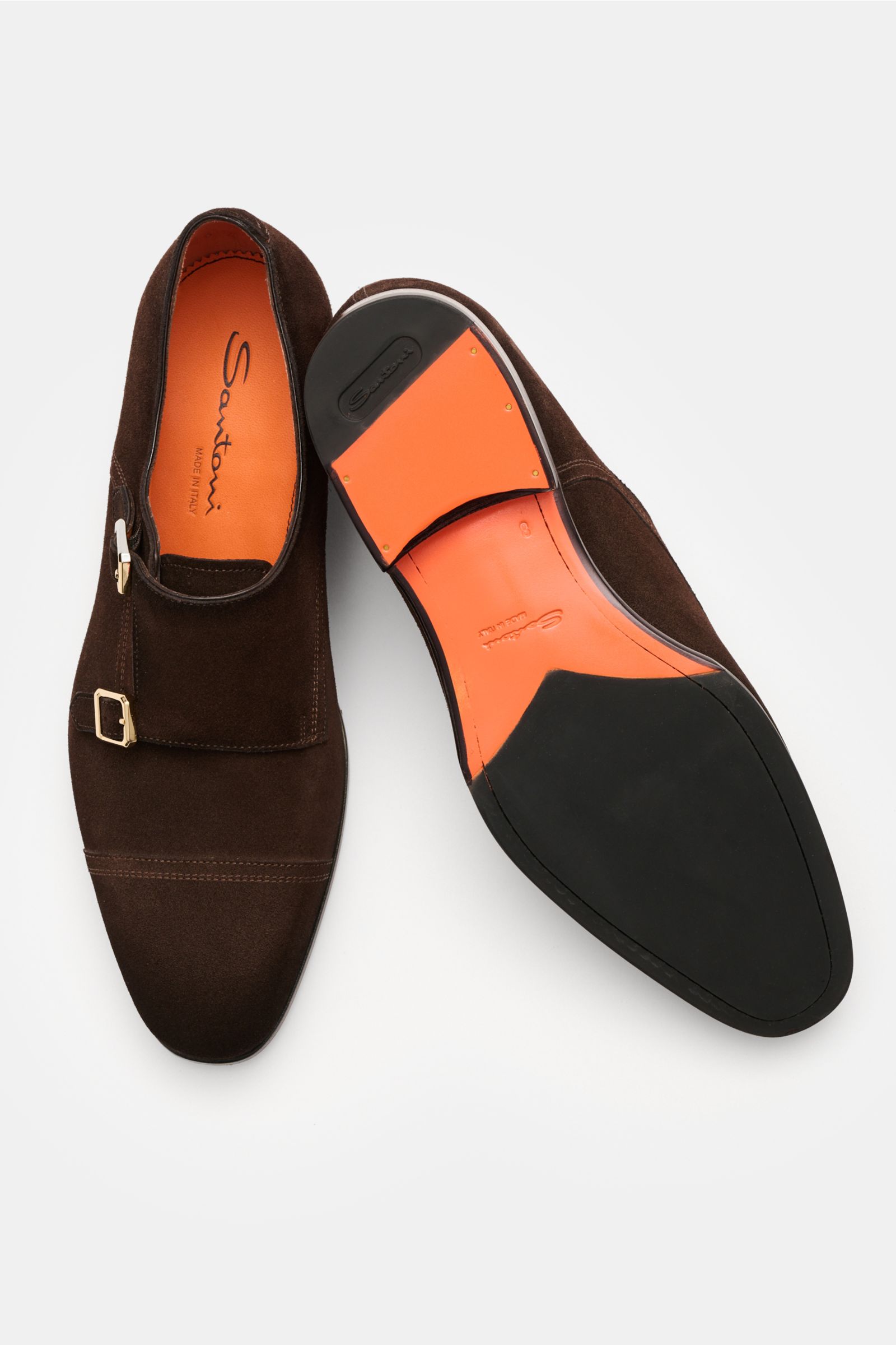 Santoni Doppelmonk 'Adrian' dunkelbraun aus edlem Veloursleder, abgerundete Vorderkappe, goldfarbene Dornschließen, Ansicht von oben und Sohle.