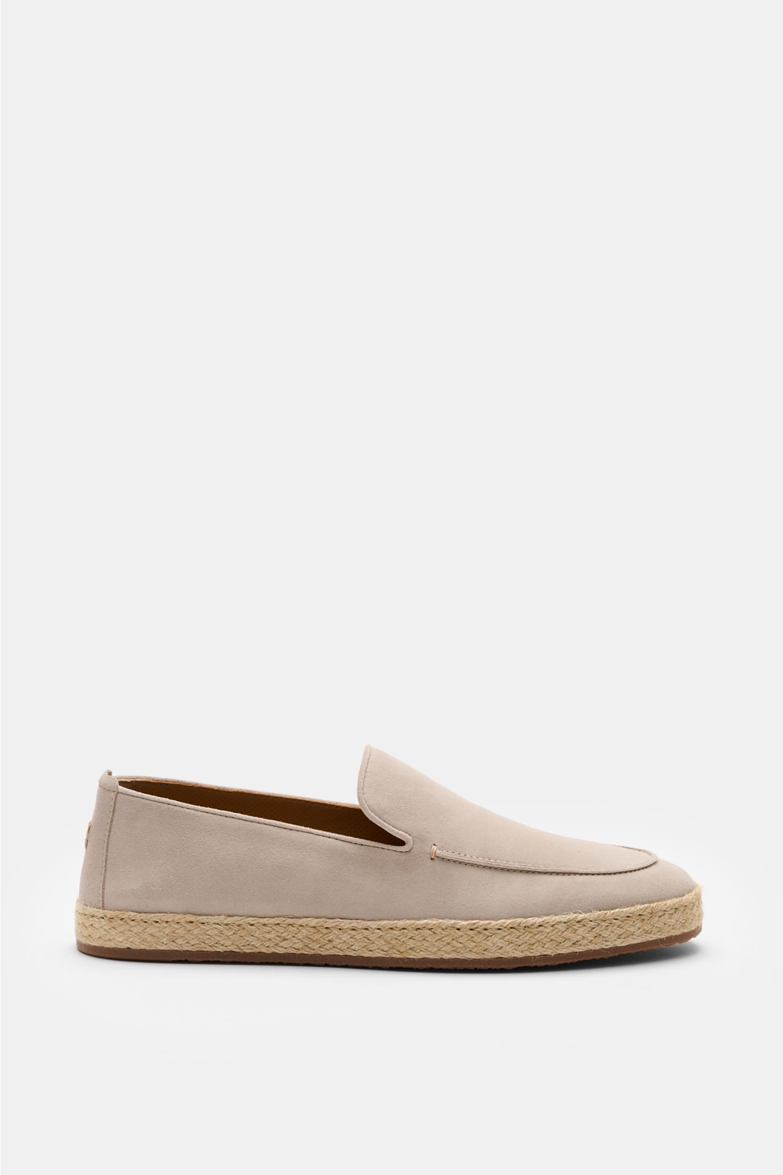 Side view of Henderson Espadrilles 'Palau' sand in smooth suede with a soft touch, slim shape, decorative front seam, braided jute trim, and flexible rubber sole.