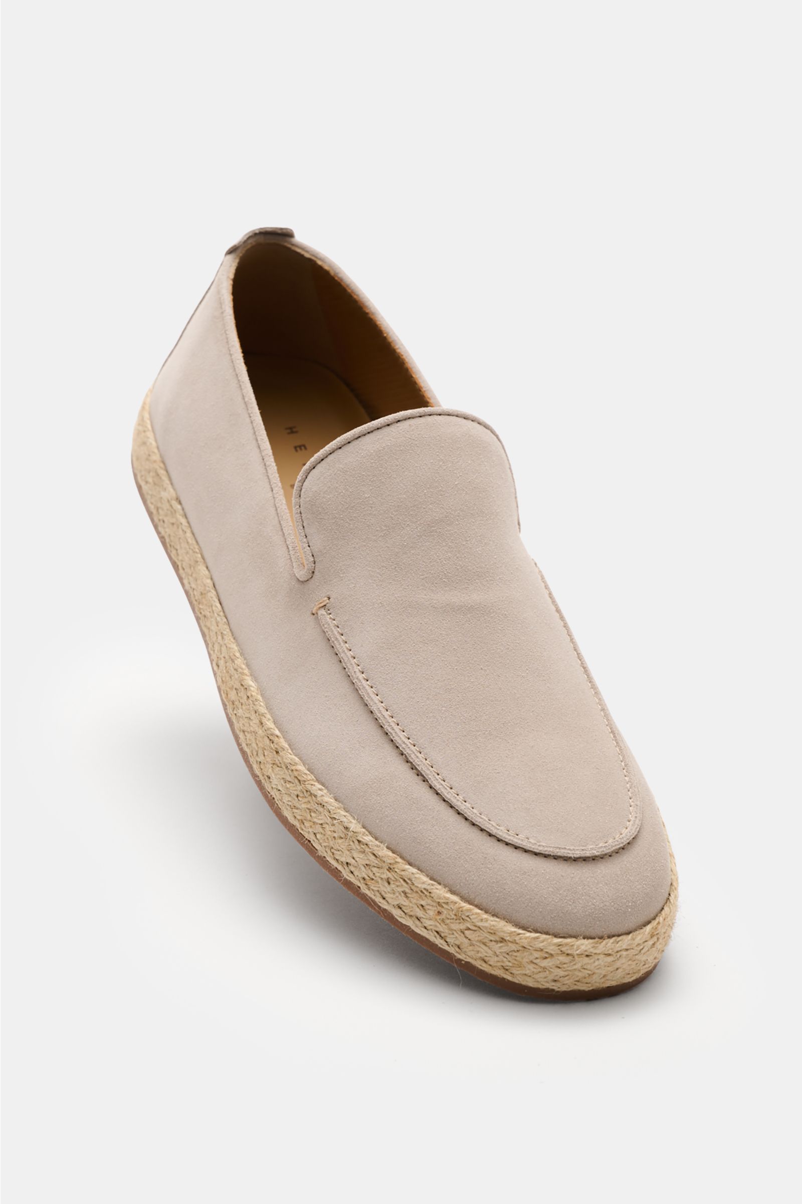 Henderson Espadrilles 'Palau' sand shown from a front-side angle, made of soft velour leather with decorative stitching, jute trim, and flexible rubber sole.