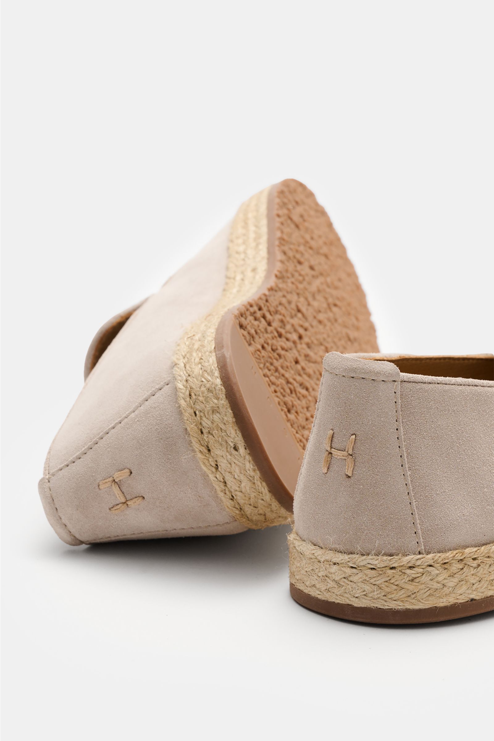 Henderson Espadrilles 'Palau' sand in soft velour leather with jute trim, decorative stitching, flexible sole, shown from rear and side angle.