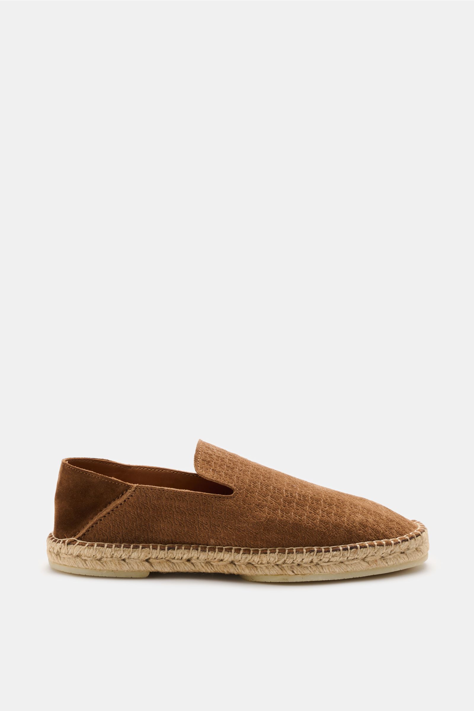 Aurélien Espadrilles 'AUR1' hellbraun aus softem Veloursleder, seitlich fotografiert, mit Ziernaht, Logo-Prägung, schmaler Silhouette, Umsäumung und flexibler Gummisohle.