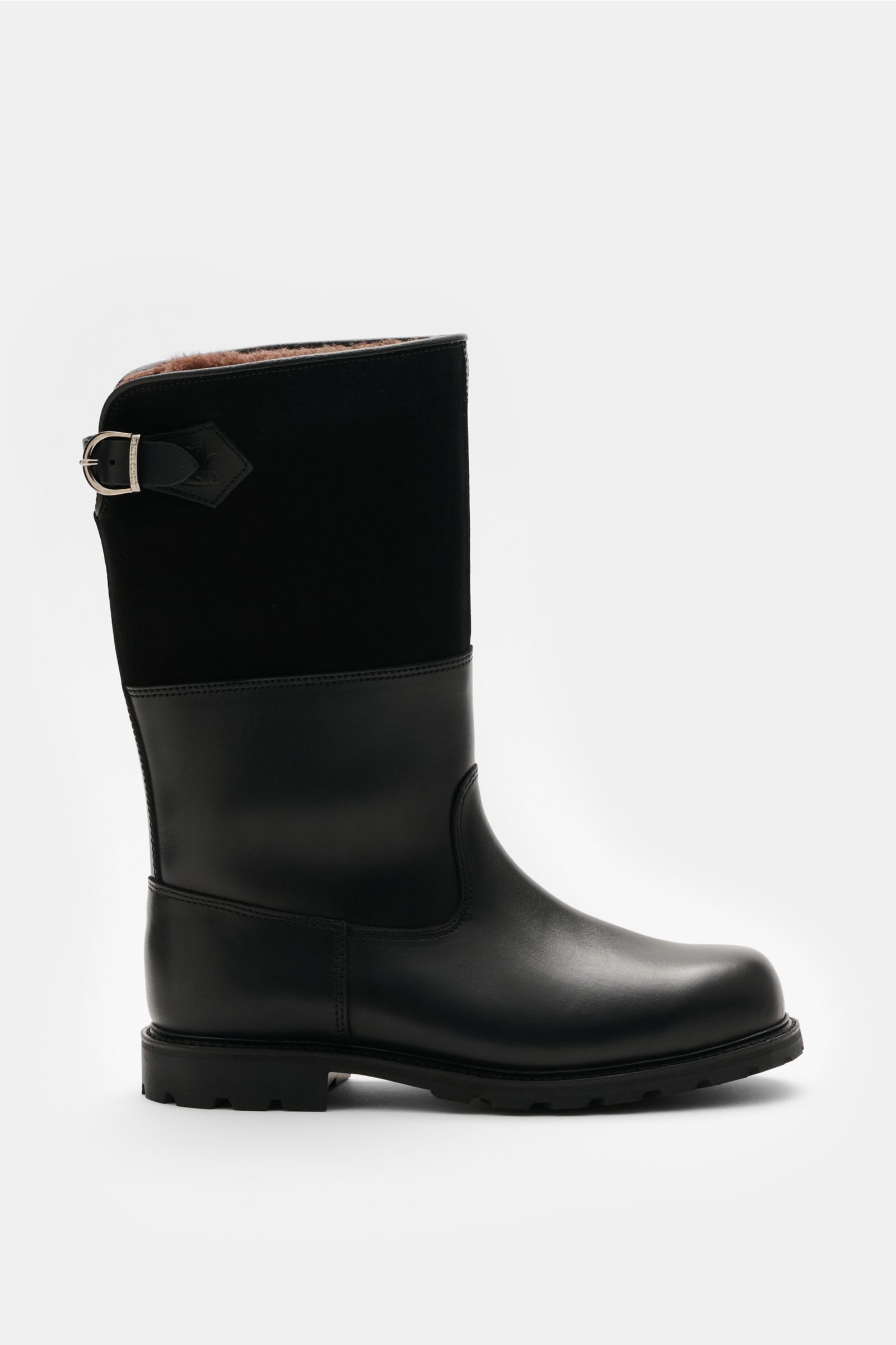 Seitenansicht des Ludwig Reiter Boot schwarz/dunkelgrau meliert mit Juchtenleder, Filzschaft, Lammfellfutter, runder Vorderkappe und Dornschließe.