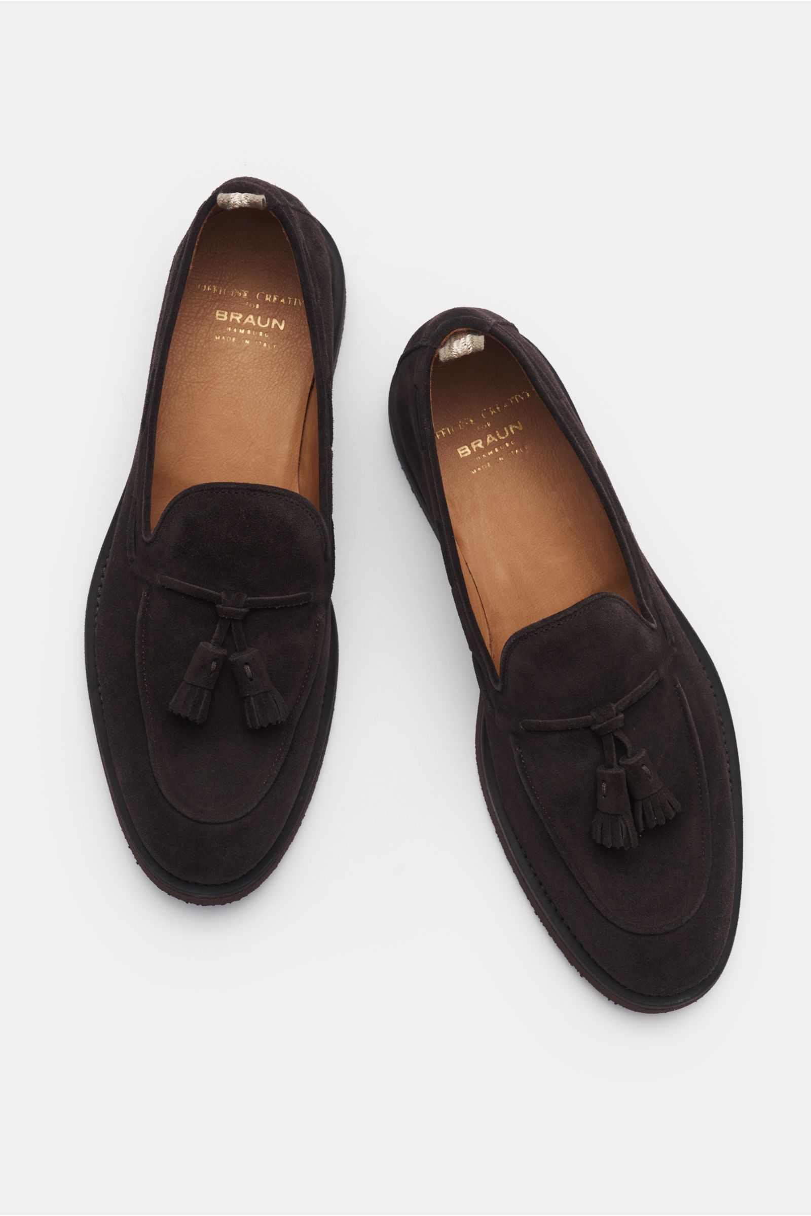 Officine Creative Tassel Loafer 'Opera Flexi 106' dunkelbraun in soft suede with tassels, viewed from above, features natural rubber sole and leather lining.
