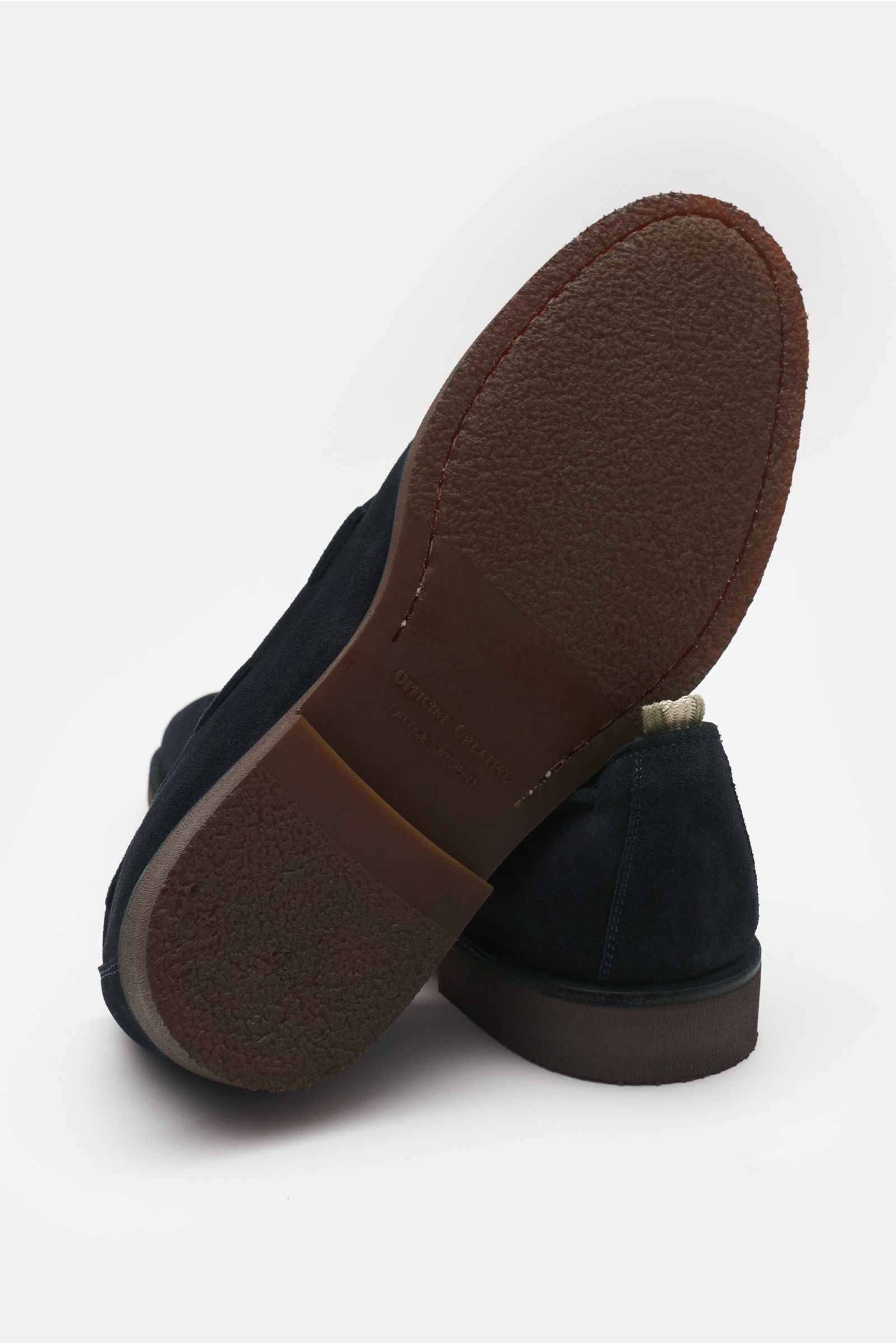 Bottom close-up view of Officine Creative Tassel Loafer 'Opera Flexi 106' navy in smooth suede with natural rubber sole, soft leather lining, and classic tassel details for stylish comfort.