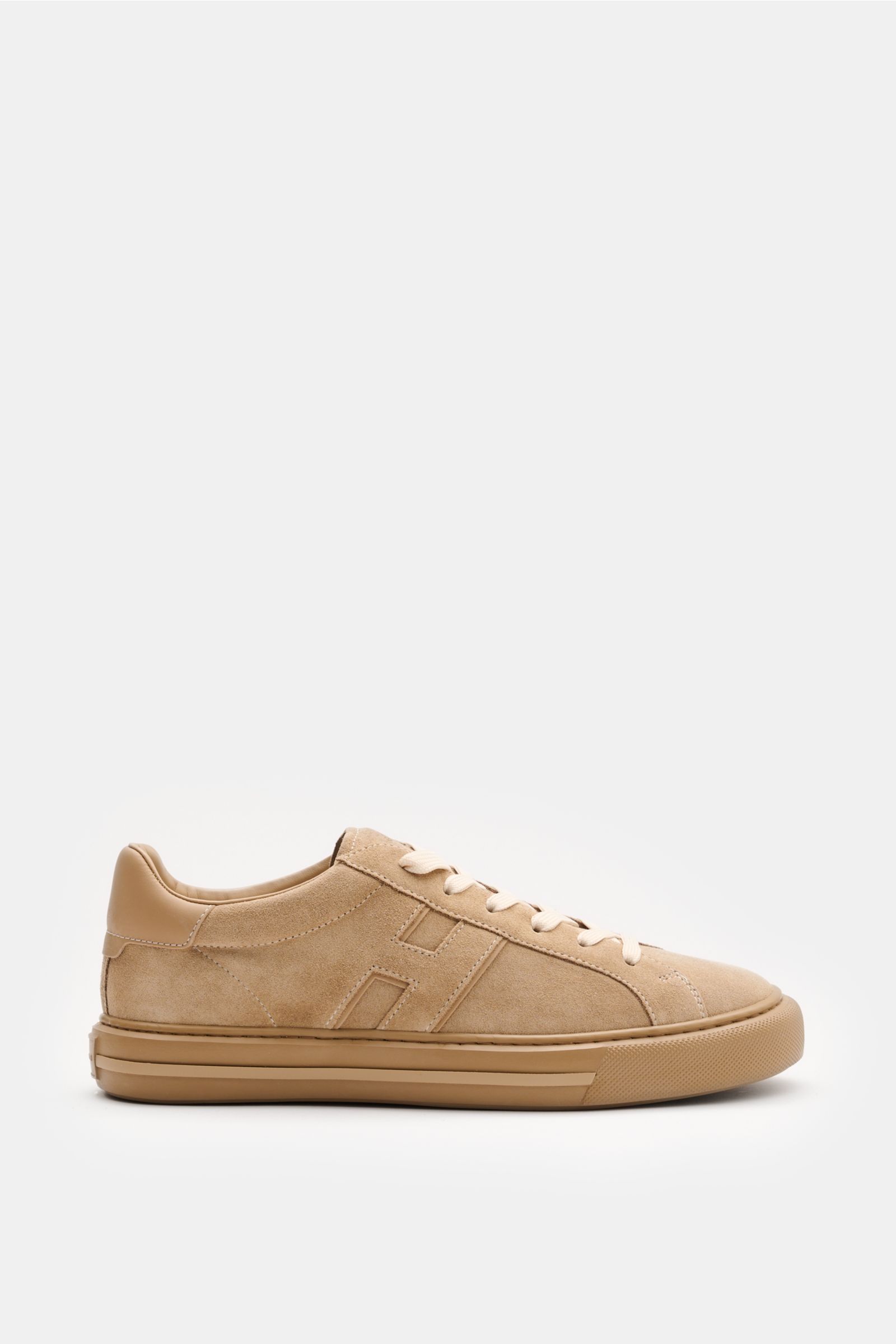 Hogan Sneaker 'Allacciato' beige aus softem Veloursleder, sechs-Loch-Schnürung, Logo-Print, gepolsterter Schaftrand, H-Initial, Leder/Textilfutter, Memory Foam Fußbett, flexible Gummisohle, Seitenansicht.