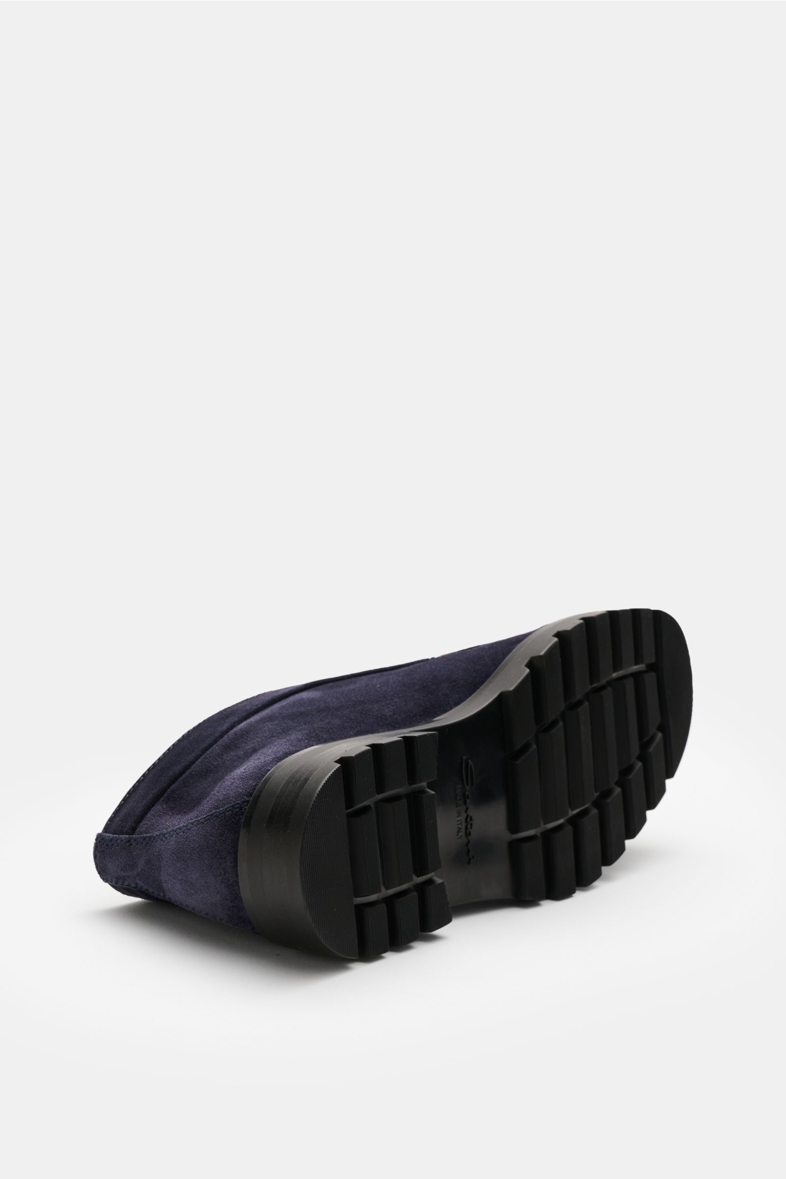 Santoni Desert Boot 'Detroit Rock' navy aus geschmeidigem Veloursleder, mit Ziernaht, Innenlederfutter, schmal zulaufend, profilierte Gummisohle, Rückansicht.