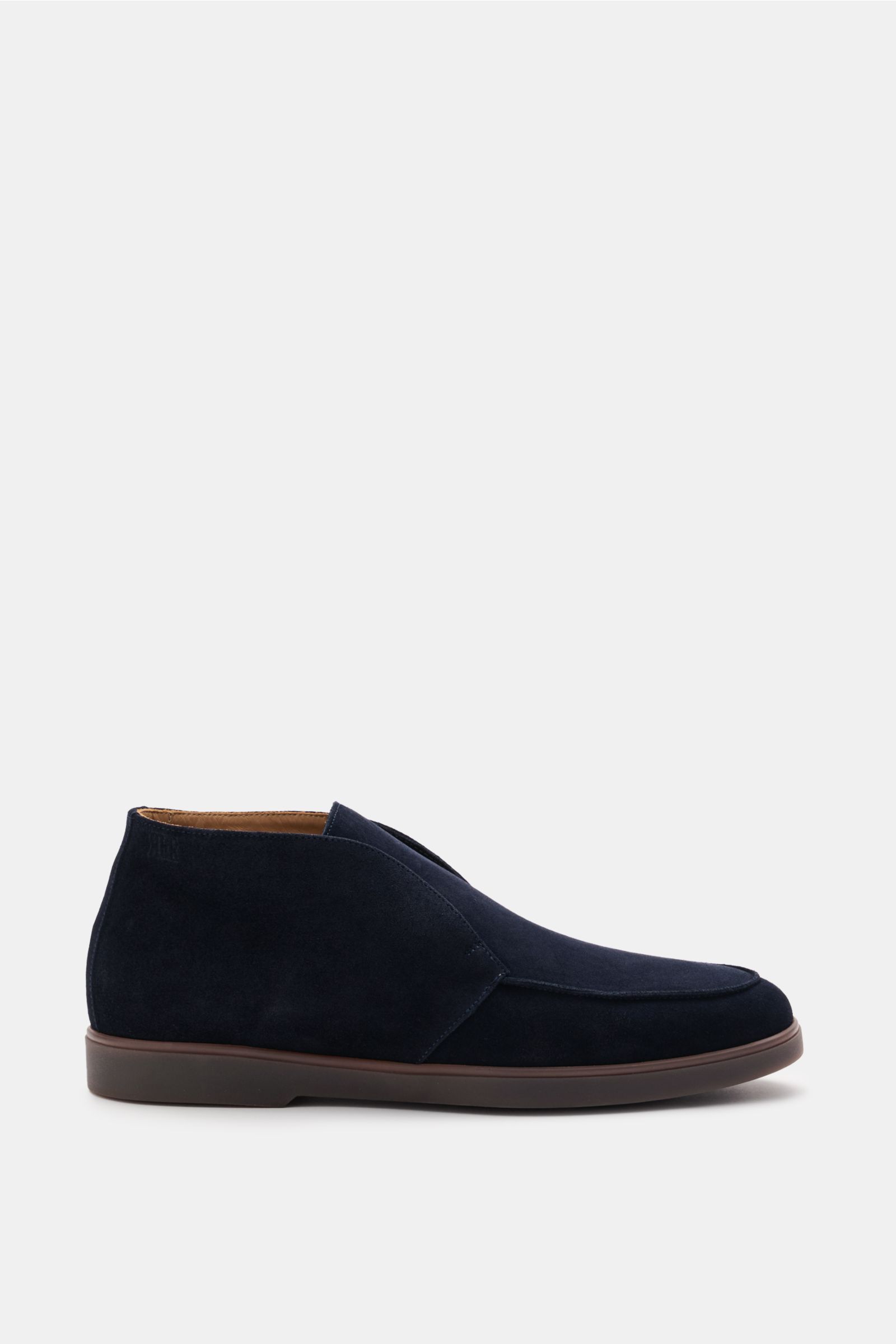 Fabiano Ricci Desert Boot navy, sportiver Desert Boot aus edlem Veloursleder, schmal zulaufend, Naht auf Vorderkappe, Seitenprägung, Lederfutter, flexible Gummisohle, Seitenansicht.