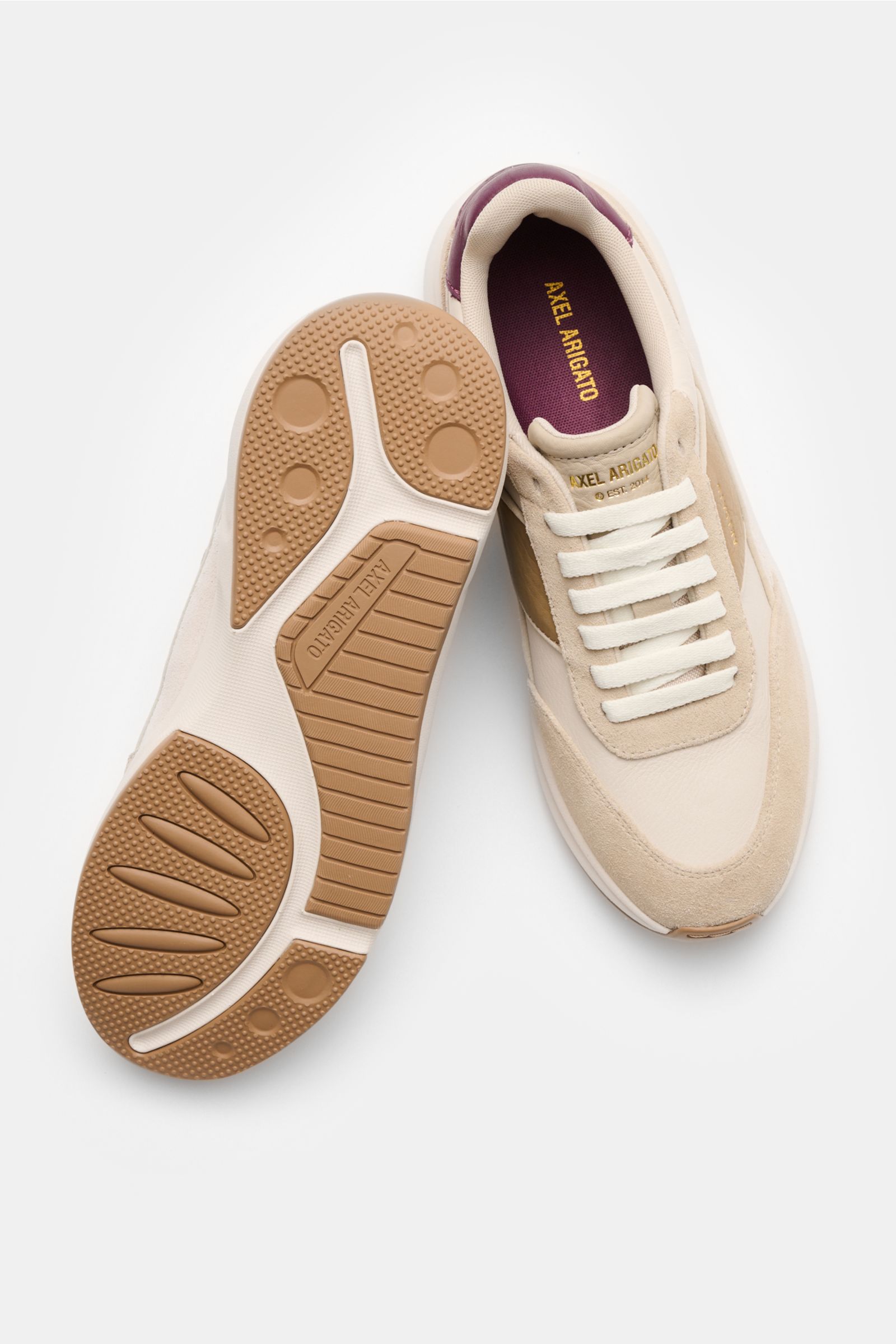 Top-down view of Axel Arigato Sneaker 'Genesis Neo Runner' sand/beige showing the sole and upper with suede, leather, tonal overlays, seven-hole lacing, and gold label.


