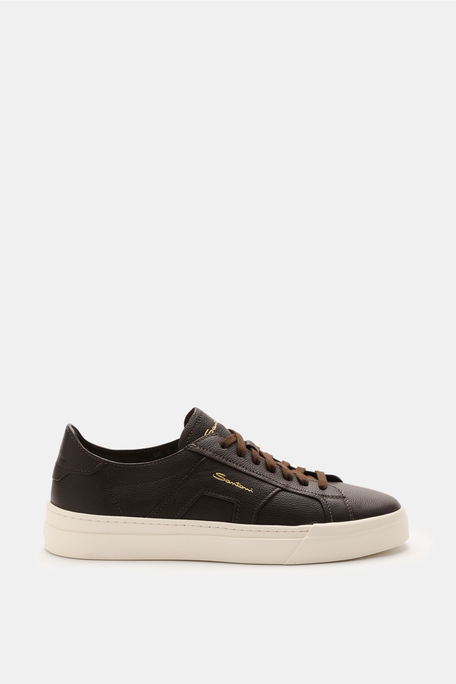Santoni Sneaker 'Double Buckle' dunkelbraun shown from the side, made of finely grained smooth leather with iconic double buckle overlays, round shape, seven-eyelet lacing, padded collar, leather lining, emblem on tongue, and flexible rubber sole; homage 