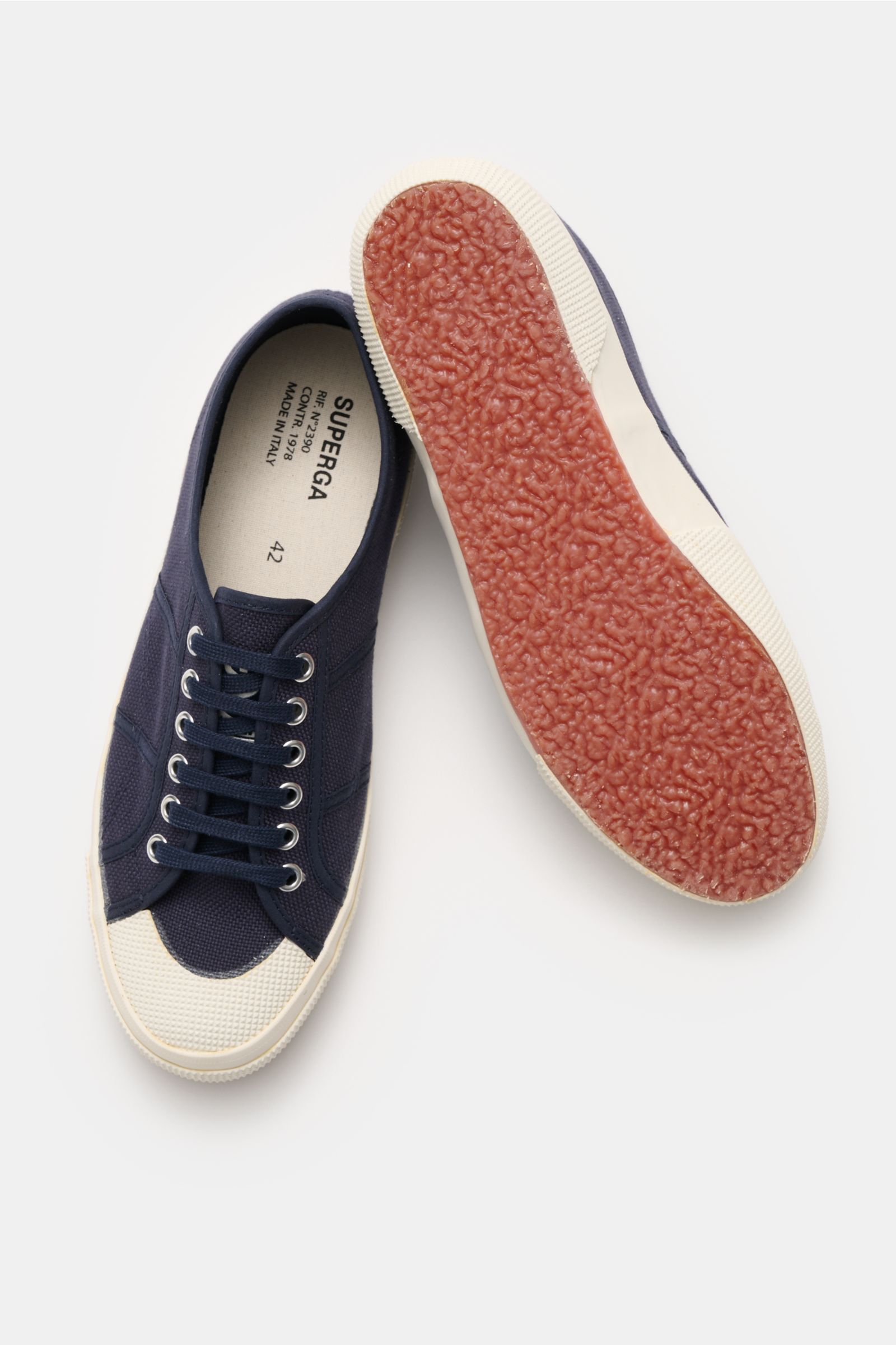 Top view of Superga Sneaker 'Militaire' navy/offwhite showing canvas upper, round toe cap, six-hole lacing, and textured natural rubber sole.