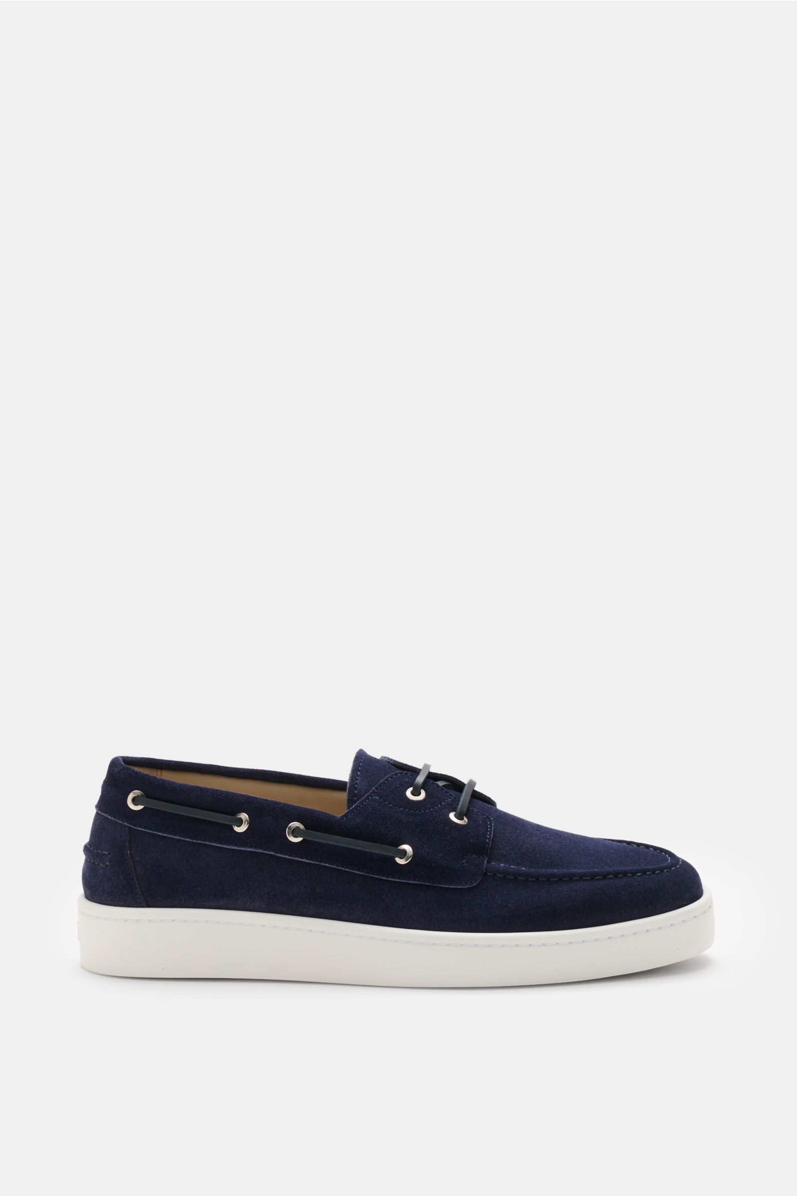 Aurélien Loafer 'Boat Sneaker' navy aus Veloursleder, schmal zulaufend, mit markanter Naht und Gummisohle, seitliche Seitenansicht.