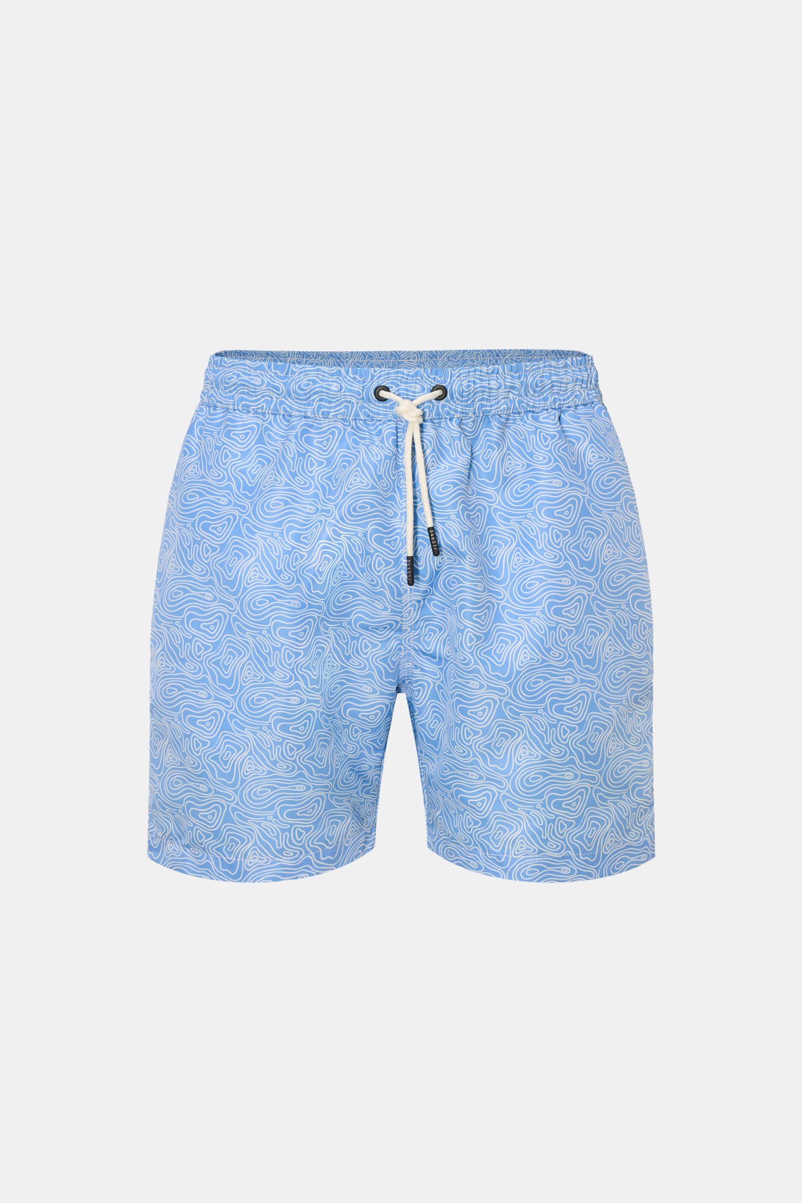 Front view of 04651/ A trip in a bag Badeshorts 'Seamap' blau/weiß gemustert made of quick-drying microfiber with elastic waistband, drawstring, side and back pockets, mesh lining, and short side slits. Perfect for sunny days by the water.