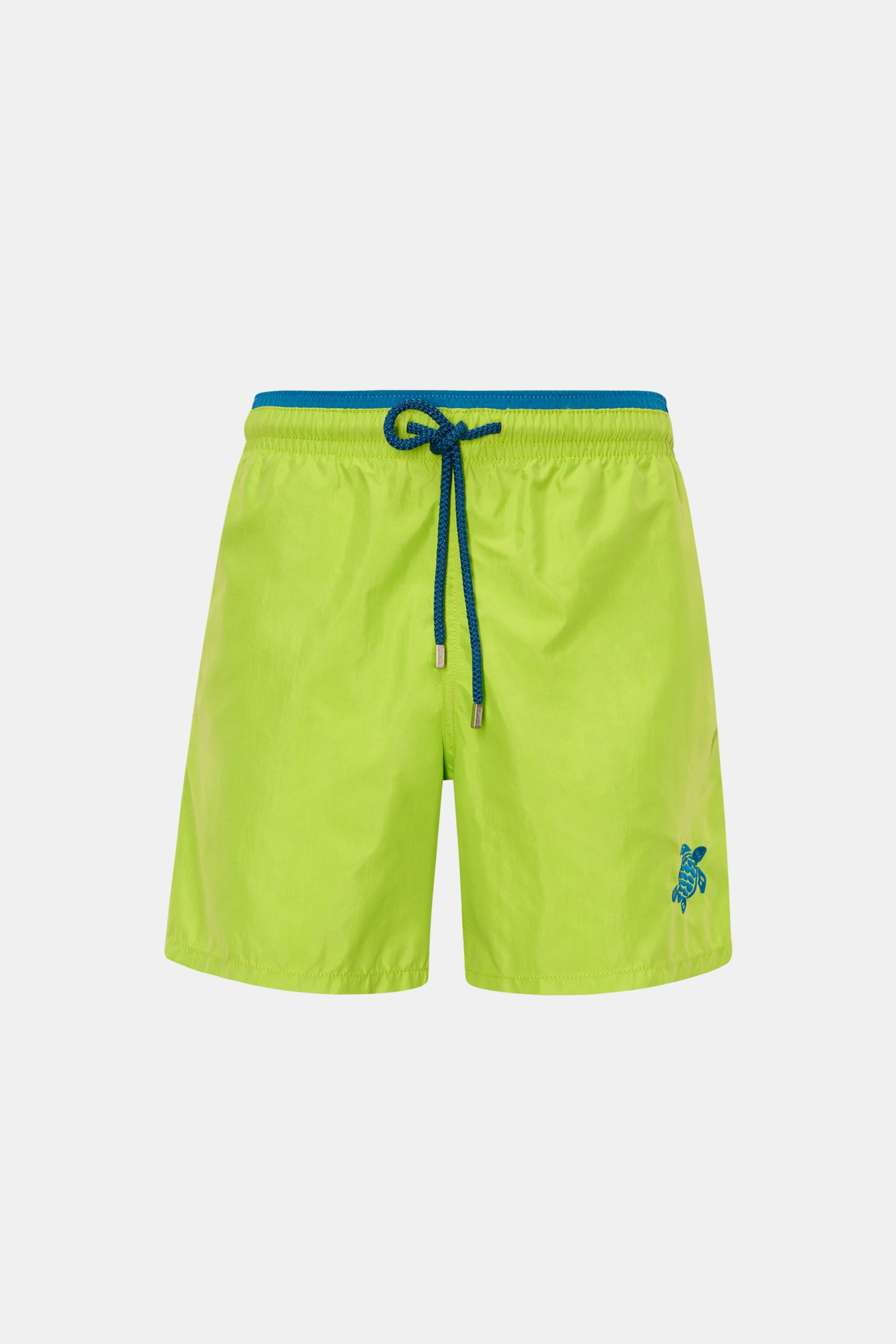 Vorderansicht der neongrün/petrol Vilebrequin Badeshorts 'Moka' aus leichter Microfaser, mit elastischem Bund, Tunnelzug und Turtle-Stitching.