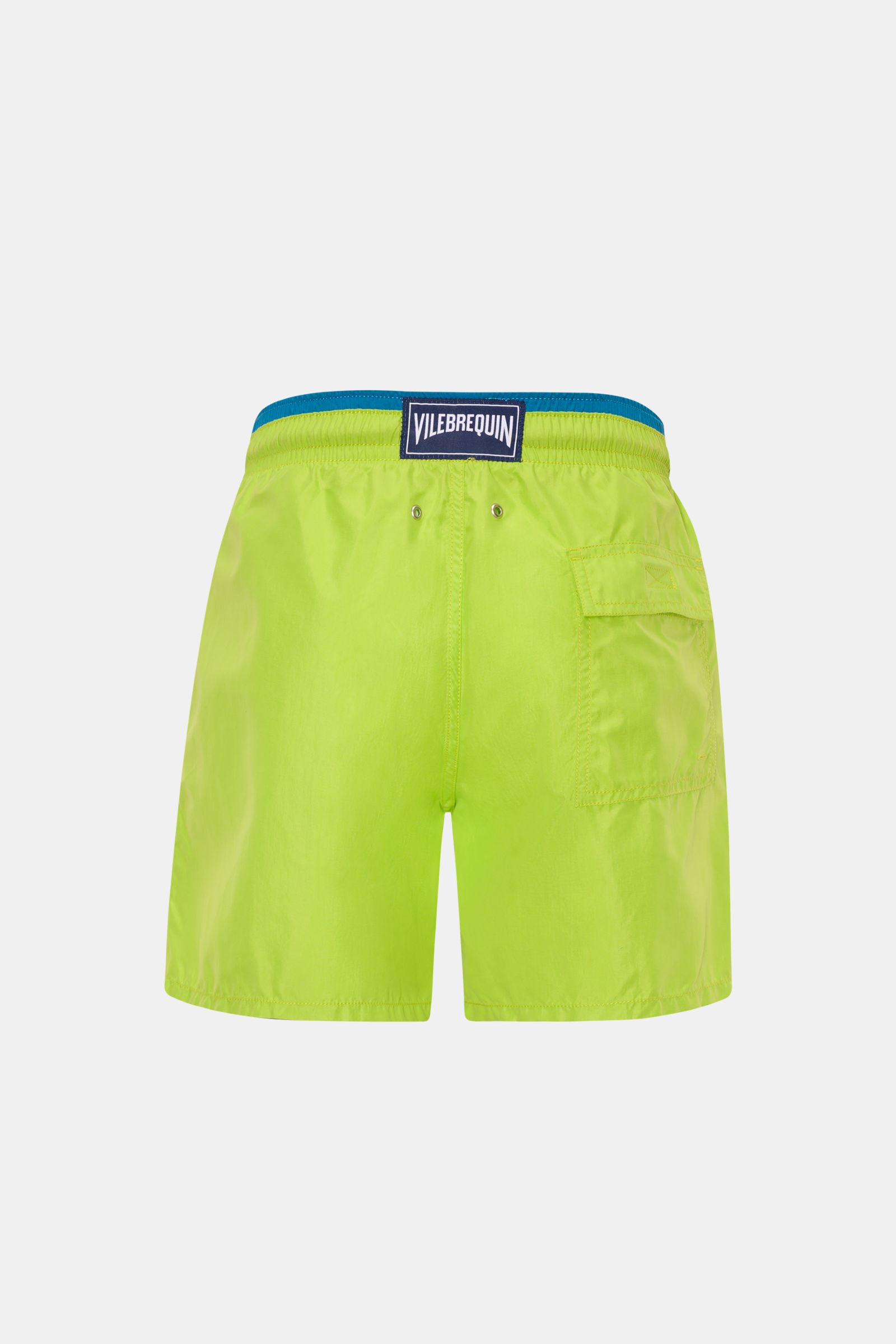 Vilebrequin Badeshorts 'Moka' neongrün/petrol, Rückansicht, elastischer Bund, Tasche mit Klettverschluss, Entwässerungsösen, Microfaser
