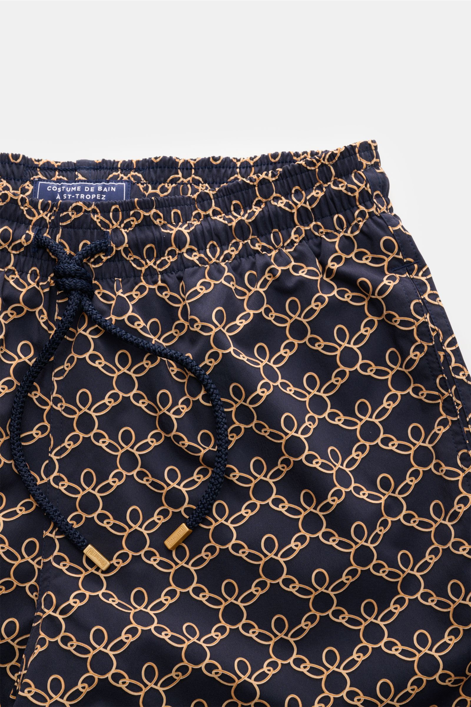 Vilebrequin Badeshorts 'Moorise' dark navy/beige gemustert, Front nah, elastischer Bund, Tunnelzug, hochwertige Microfaser, Regular Fit, Taschen, Mesh-Futter.
