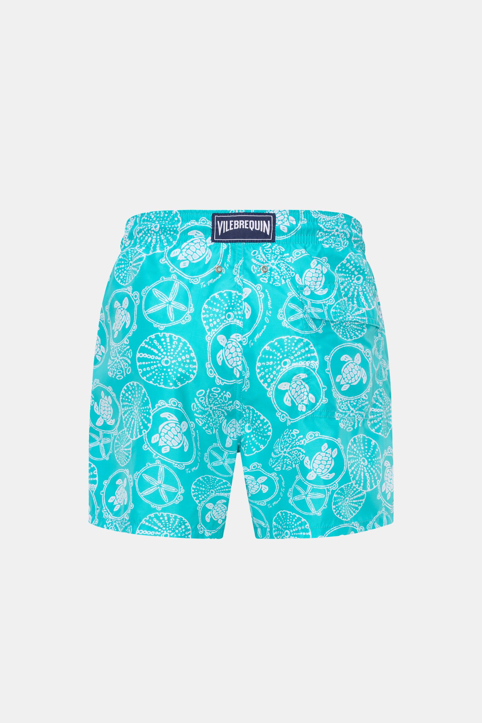 Rear view of Vilebrequin Swim shorts 'Moorea' turquoise/white patterned, made of high-quality microfibre with elasticated waistband, side pockets, back pocket with hook-and-loop fastener, drainage eyelets, mesh lining, and VILEBREQUIN label.
