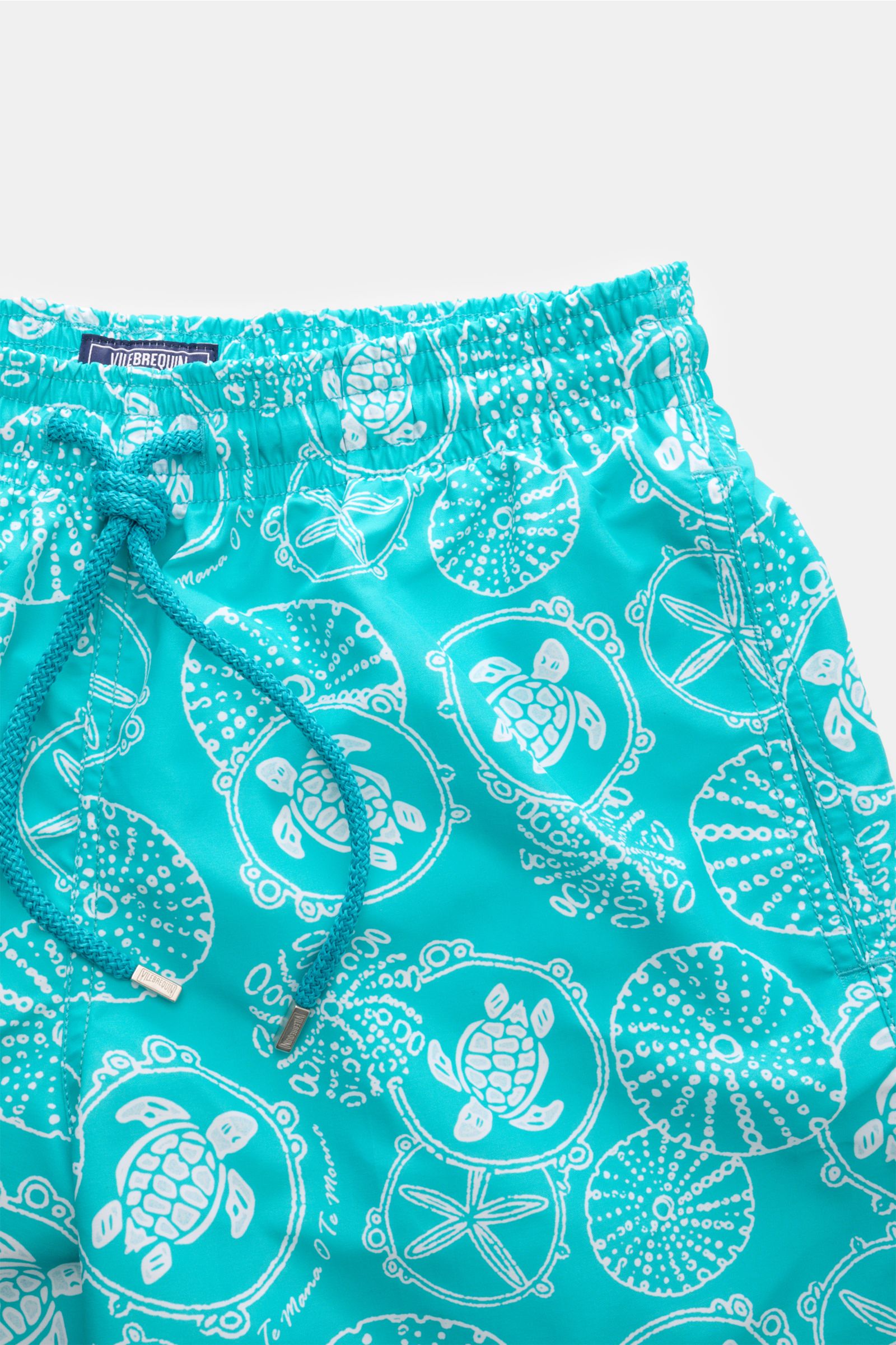 Vilebrequin Swim shorts 'Moorea' turquoise/white patterned, detailed close-up from front top view, elastic waistband, drawstring, turtle print.