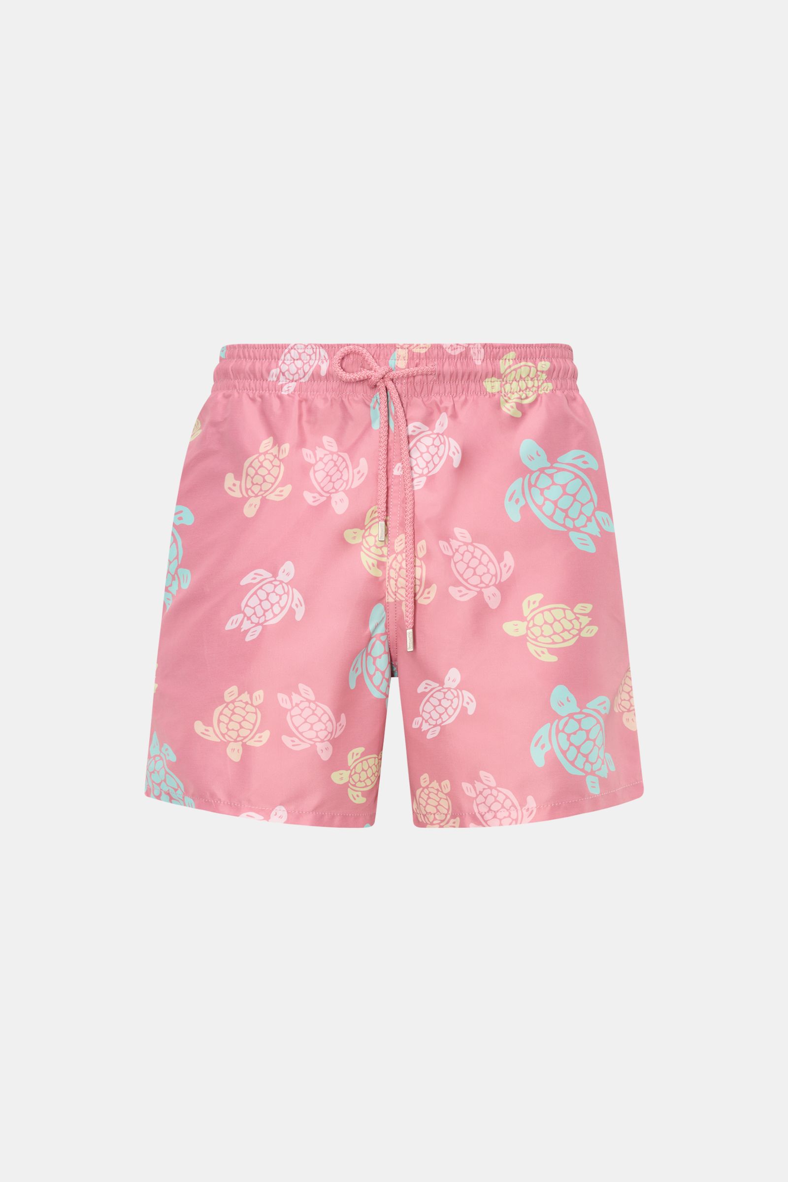 Vilebrequin Swim shorts 'Moorea' rose/mint/yellow patterned, front view, high-quality microfibre, elastic waistband, drawstring, pockets, mesh lining, quick-drying, turtle print.