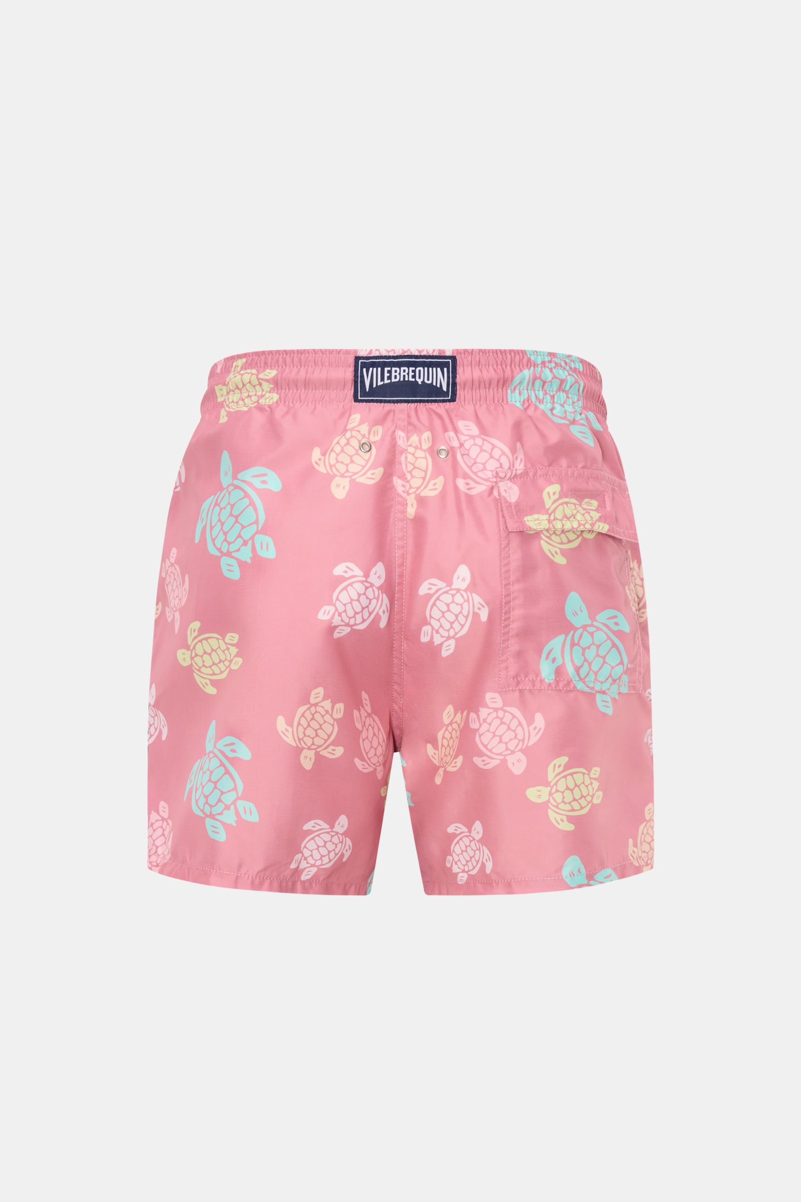 Rear view of Vilebrequin Swim shorts 'Moorea' rose/mint/yellow patterned with elasticated waistband, side and back pockets, quick-drying microfibre.