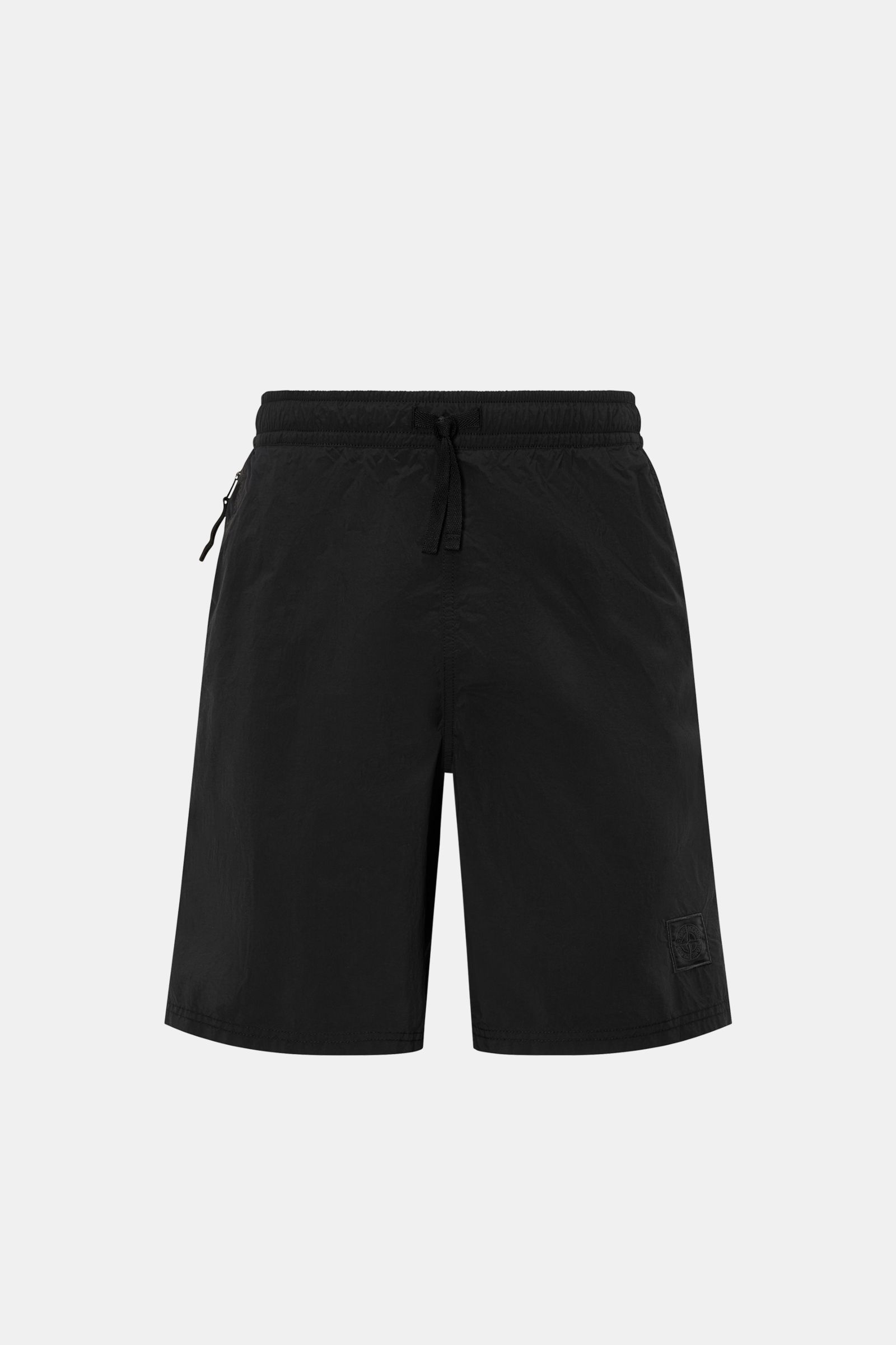 Stone Island Badeshorts 'Ghost Piece' schwarz, Frontansicht, Regular Fit, elastischer Bund, Microfaser, Seitentasche + Gesäßtasche mit Zipper, Mesh-Futter.
