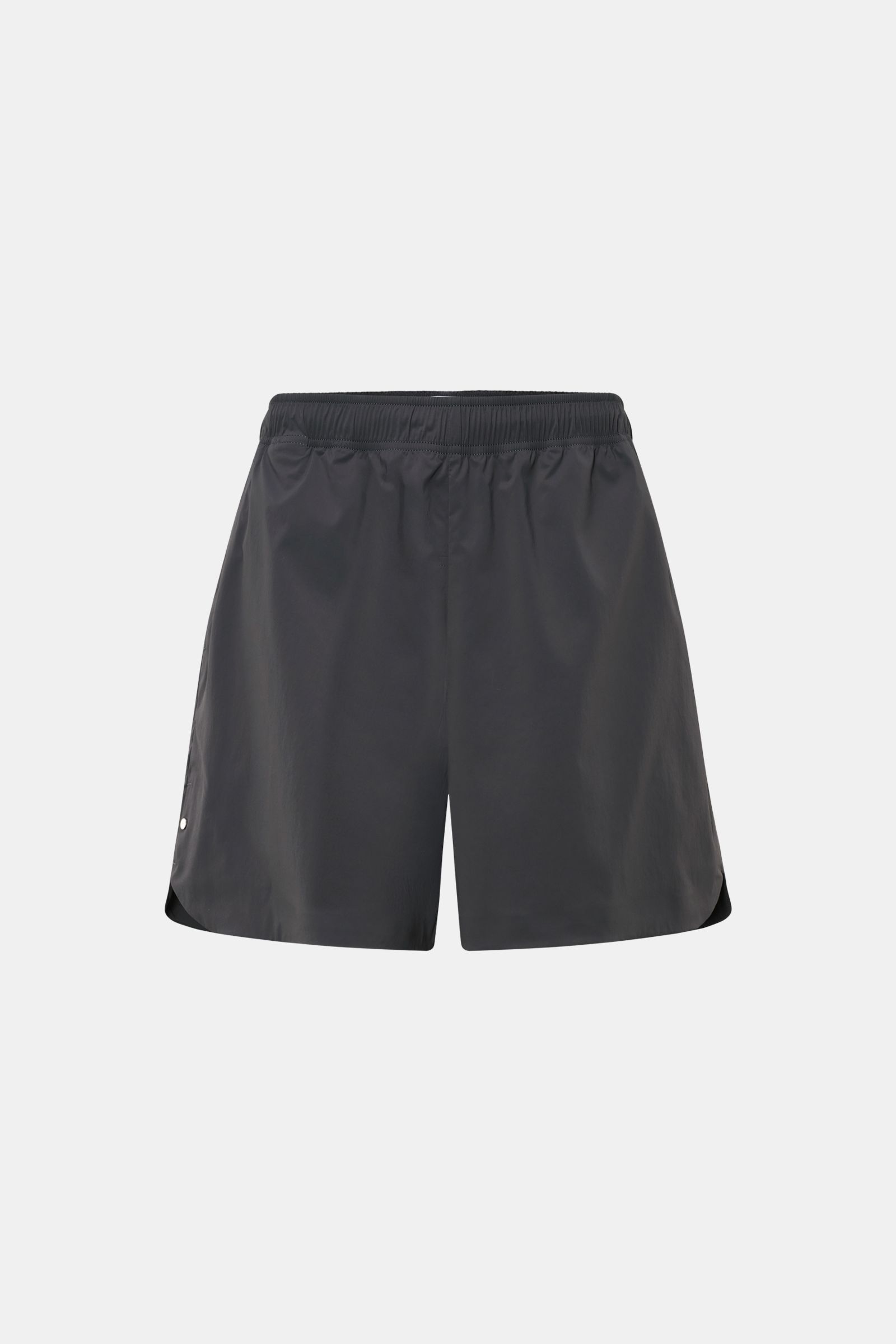 Stone Island Shorts 'Stellina' dunkelgrau, frontale Ansicht, leichte Microfaser, elastischer Bund, Tunnelzug, Loose Fit, Stern-Stitching hinten.