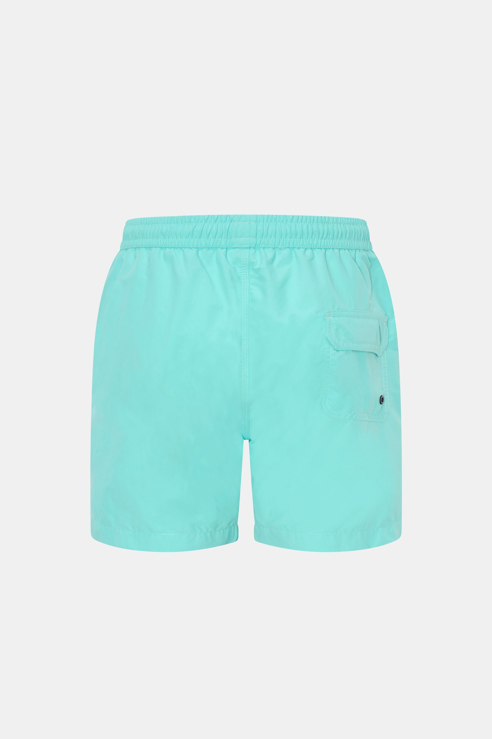 04651/ A trip in a bag Badeshorts 'Plain Swim' türkis, Rückansicht, schnelltrocknende Microfaser, Regular Fit, Tunnelzugbund, Taschen, Klett-Gesäßtasche.