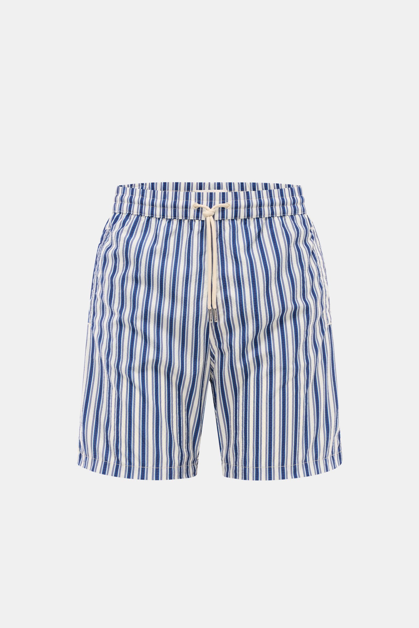 Front view of Jacob Cohen Swim shorts navy/white striped with elasticated waistband, drawstring, and classic vertical stripes.

Description:
Perfect for sunny days: These swim shorts by JACOB COHEN combine flowing material with a classic striped design