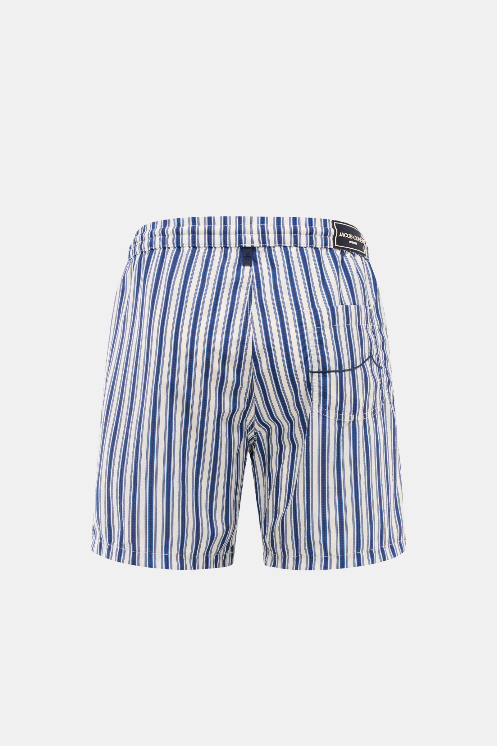 Rear view of Jacob Cohen Swim shorts navy/white striped featuring elasticated waistband, patch back pocket, and classic stripes.

Description: 
Perfect for sunny days: These swim shorts by JACOB COHEN combine flowing material with a classic striped des