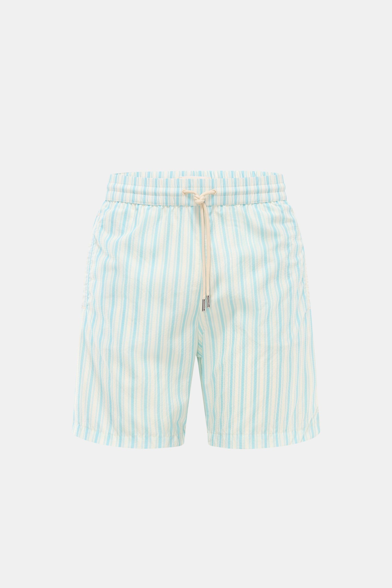 Front view of Jacob Cohen Swim shorts light blue/white striped, featuring elasticated waistband with drawstring, classic striped pattern, and jetted front pockets.

Description:
Perfect for sunny days: These swim shorts by JACOB COHEN combine flowing m