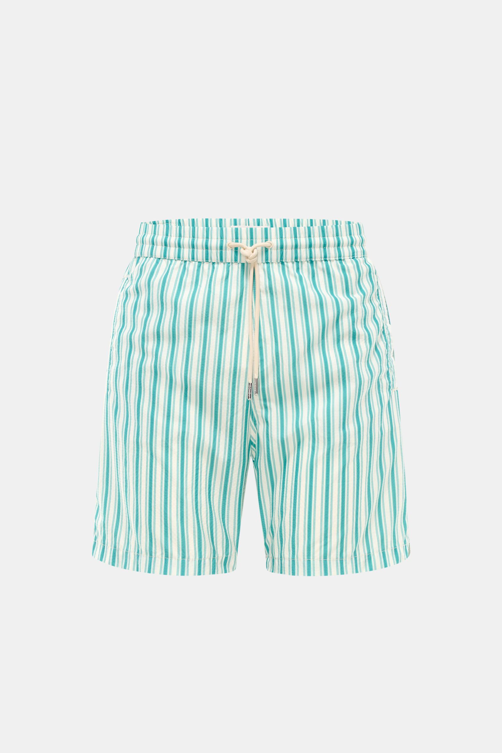 Jacob Cohen Badeshorts türkis/weiß gestreift, Frontansicht, Regular Fit mit elastischem Bund, Tunnelzug, Taschen, Saumschlitzen, Mesh-Innenfutter, Microfaser.