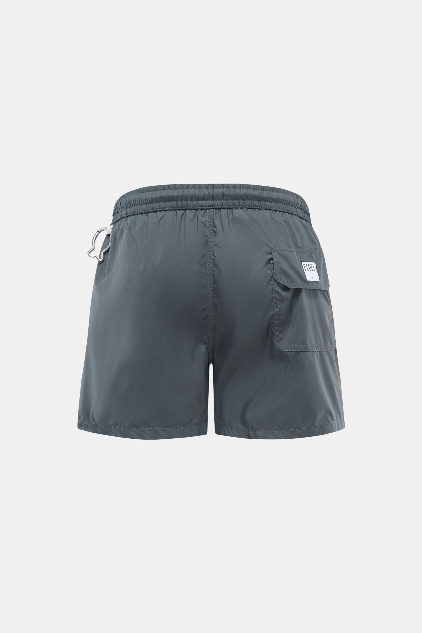 Rear view of Fedeli Swim shorts 'Madeira Airstop' dark grey with elasticated waistband, back pocket, and whale-shaped carabiner.

Description: The swim shorts 'Madeira Airstop' by FEDELI are a timeless model for your suitcase. With their comfortable el