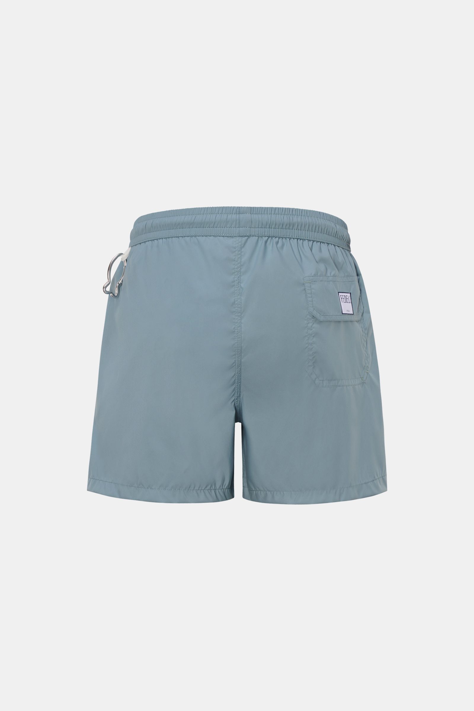 Fedeli Badeshorts 'Madeira Airstop' rauchblau, Rückansicht, Regular Fit, elastischer Bund, Gesäßtasche mit Klett, Karabinerhaken Walform, schnelltrocknend